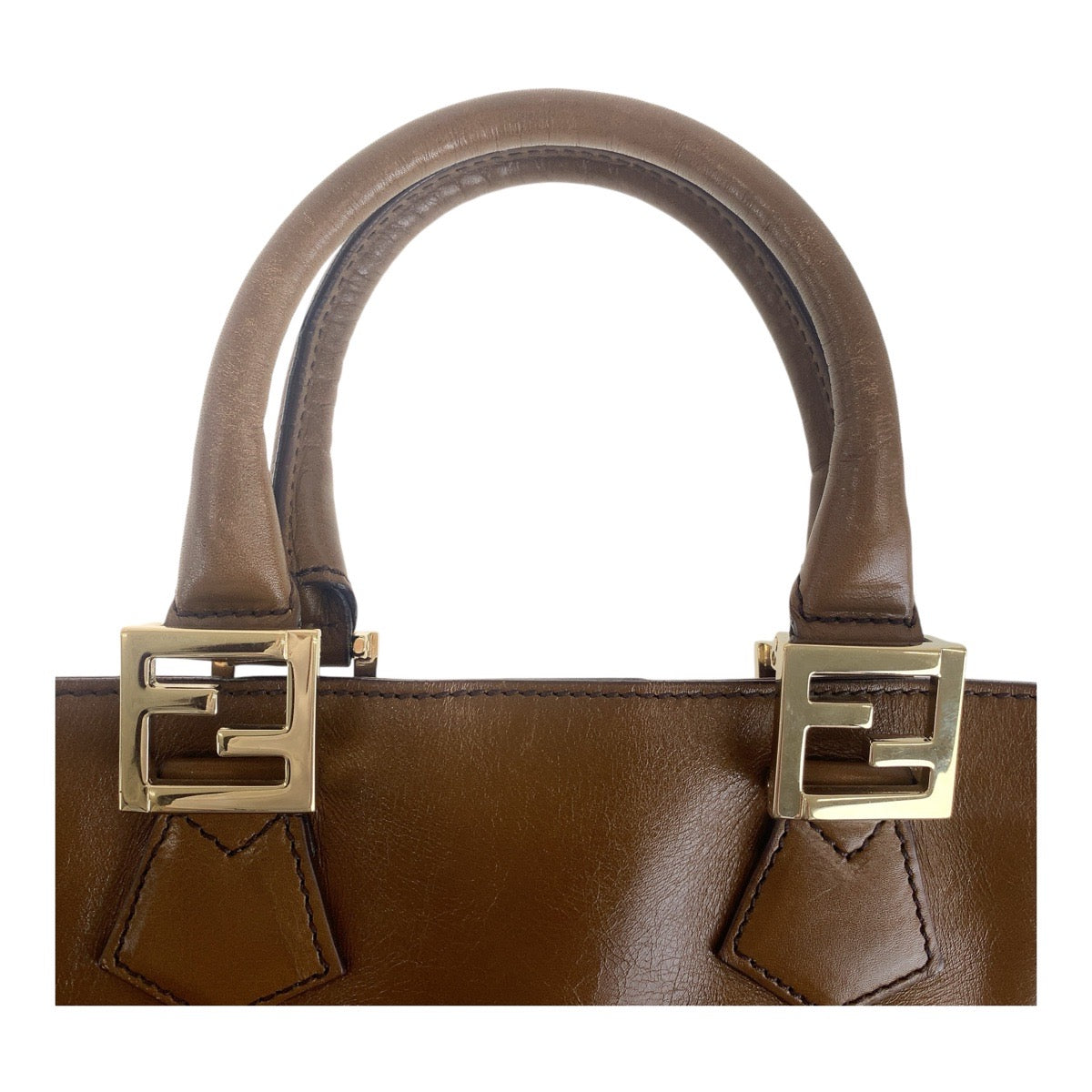 FENDI Tote Bag leather Brown Gold Metal Tote Bag handbag Women Used