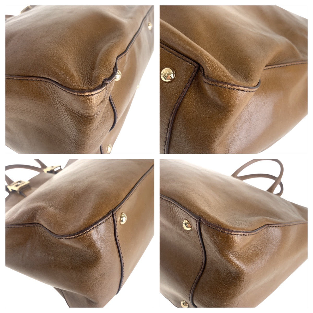 FENDI Tote Bag leather Brown Gold Metal Tote Bag handbag Women Used
