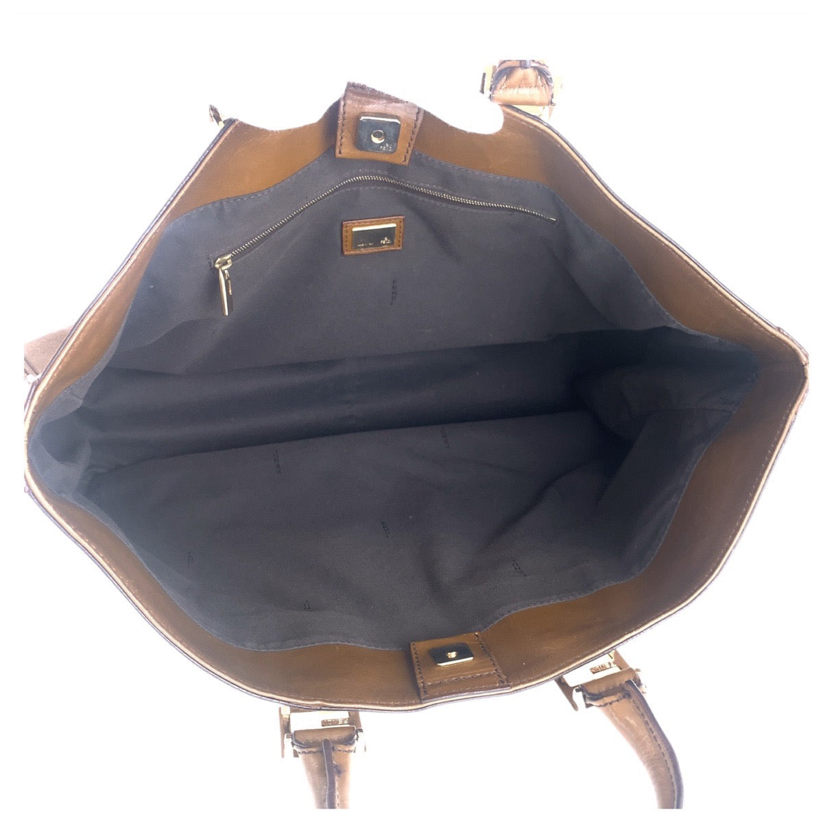 FENDI Tote Bag leather Brown Gold Metal Tote Bag handbag Women Used