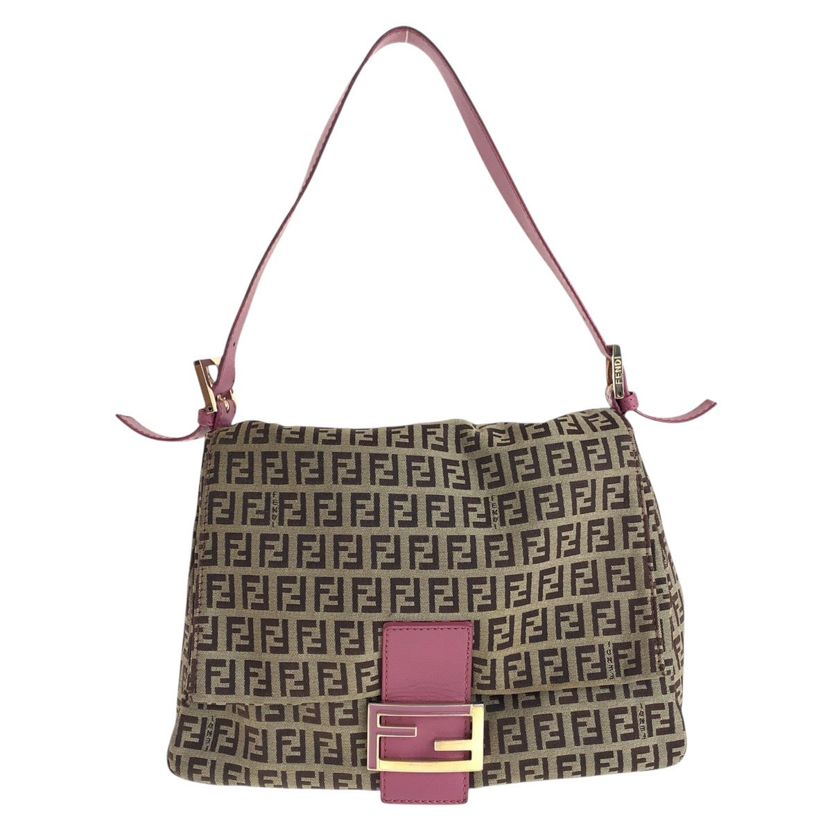 FENDI Shoulder Bag Canvas, Leather Brown Pink Gold Metal Shoulder Bag Zucchino Mamma Bucket Women Used