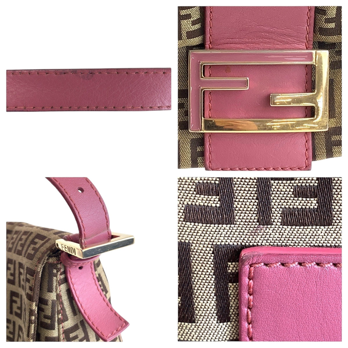 FENDI Shoulder Bag Canvas, Leather Brown Pink Gold Metal Shoulder Bag Zucchino Mamma Bucket Women Used