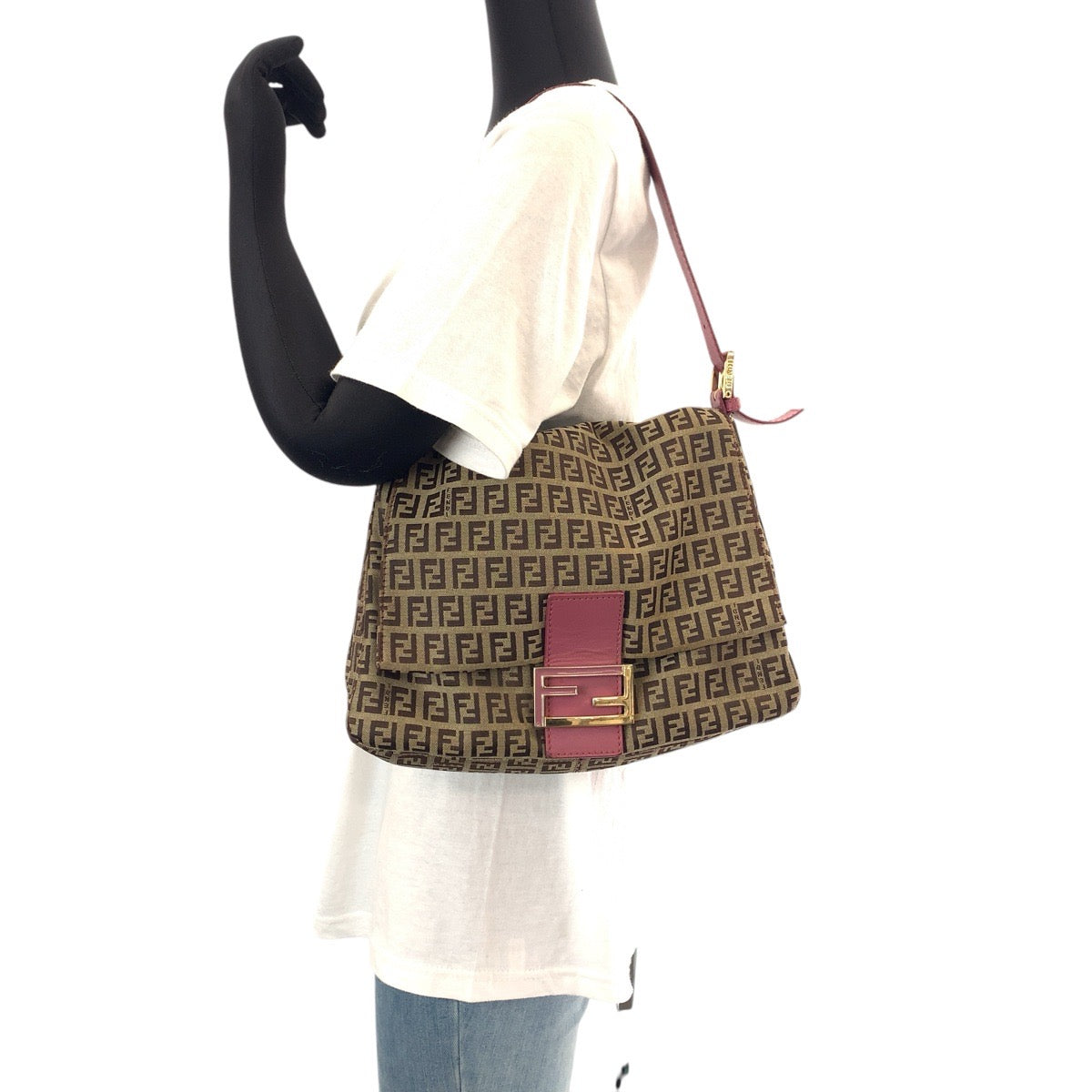 FENDI Shoulder Bag Canvas, Leather Brown Pink Gold Metal Shoulder Bag Zucchino Mamma Bucket Women Used