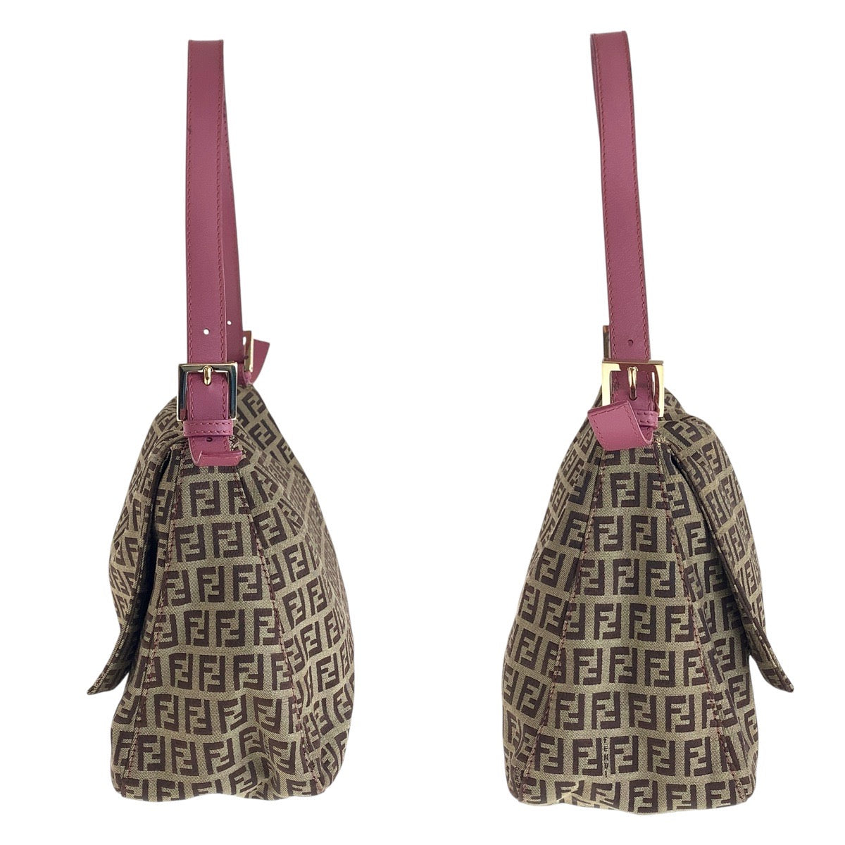FENDI Shoulder Bag Canvas, Leather Brown Pink Gold Metal Shoulder Bag Zucchino Mamma Bucket Women Used