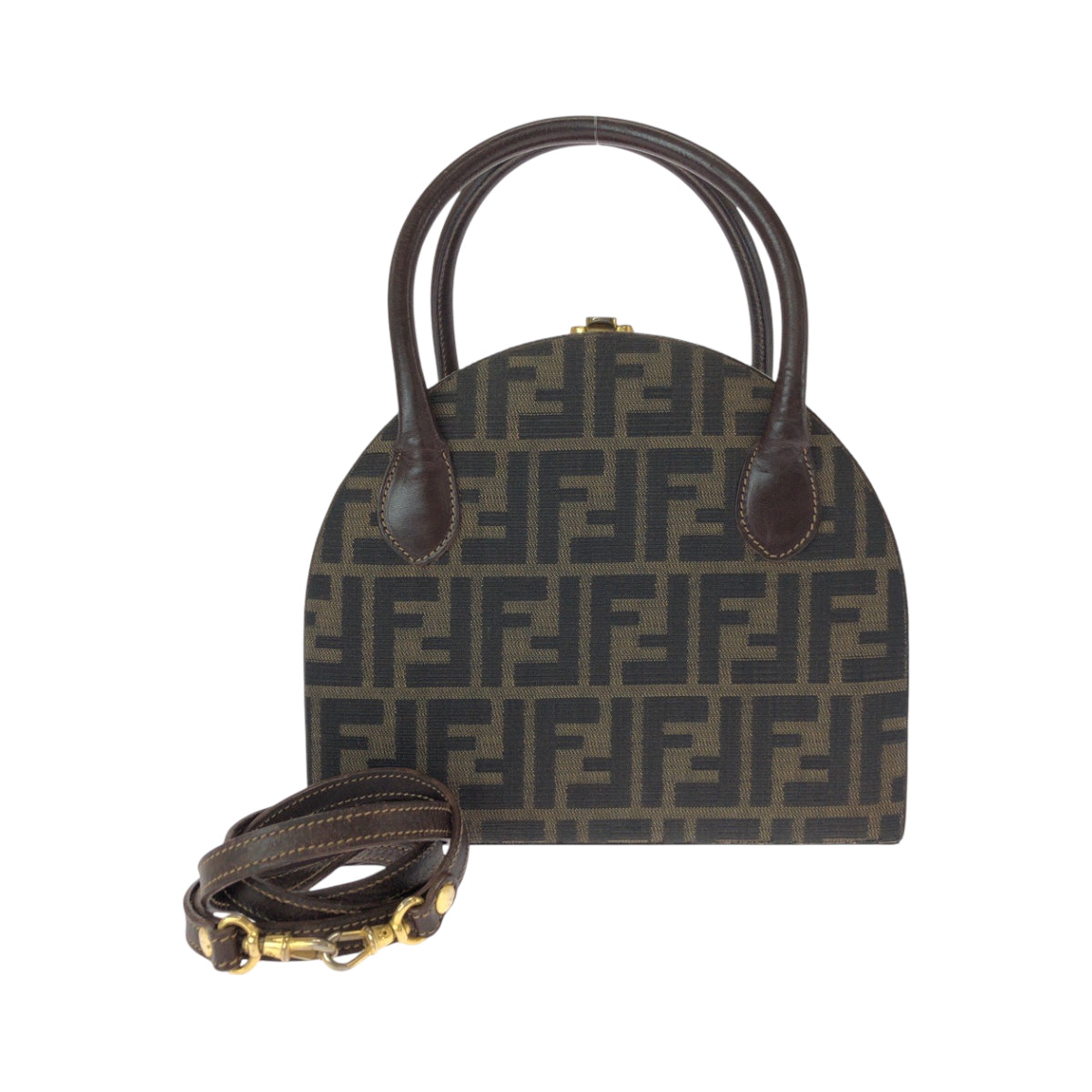 FENDI Handbag Canvas, Leather Brown Gold Metal Shoulder Bag Handbag 2way Zucca Pattern Women Used