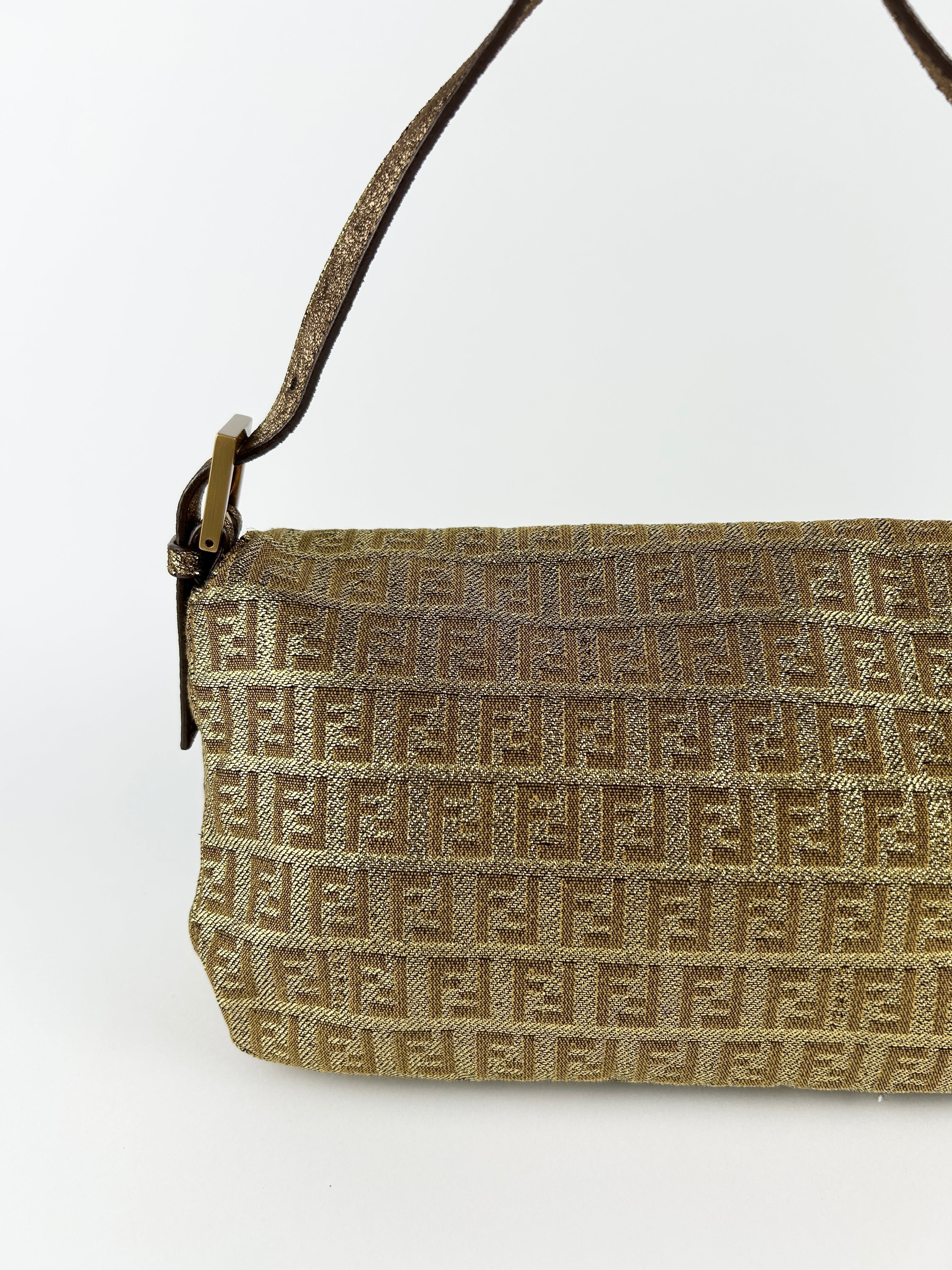 Vintage Fendi Zucca Lurex Gold Baguette Shoulder Bag
