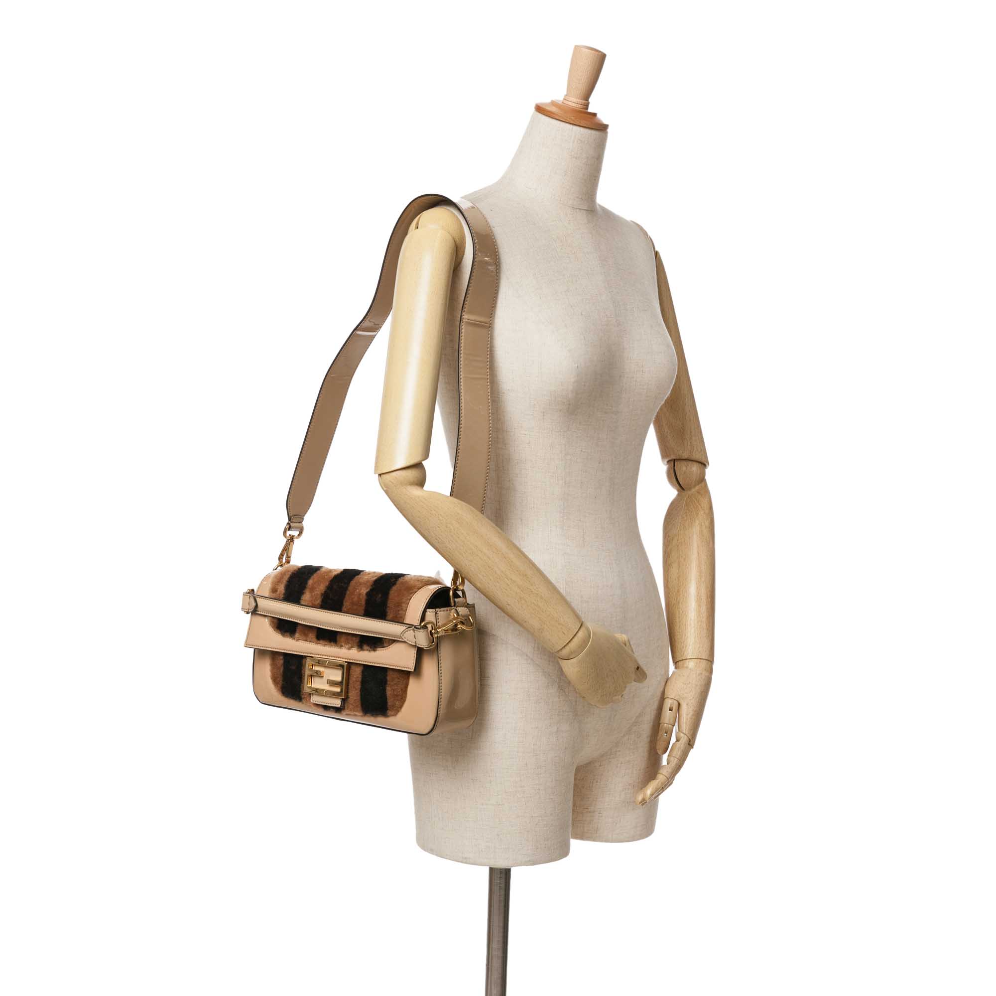 Brown Fendi Shearling Pequin Baguette Satchel
