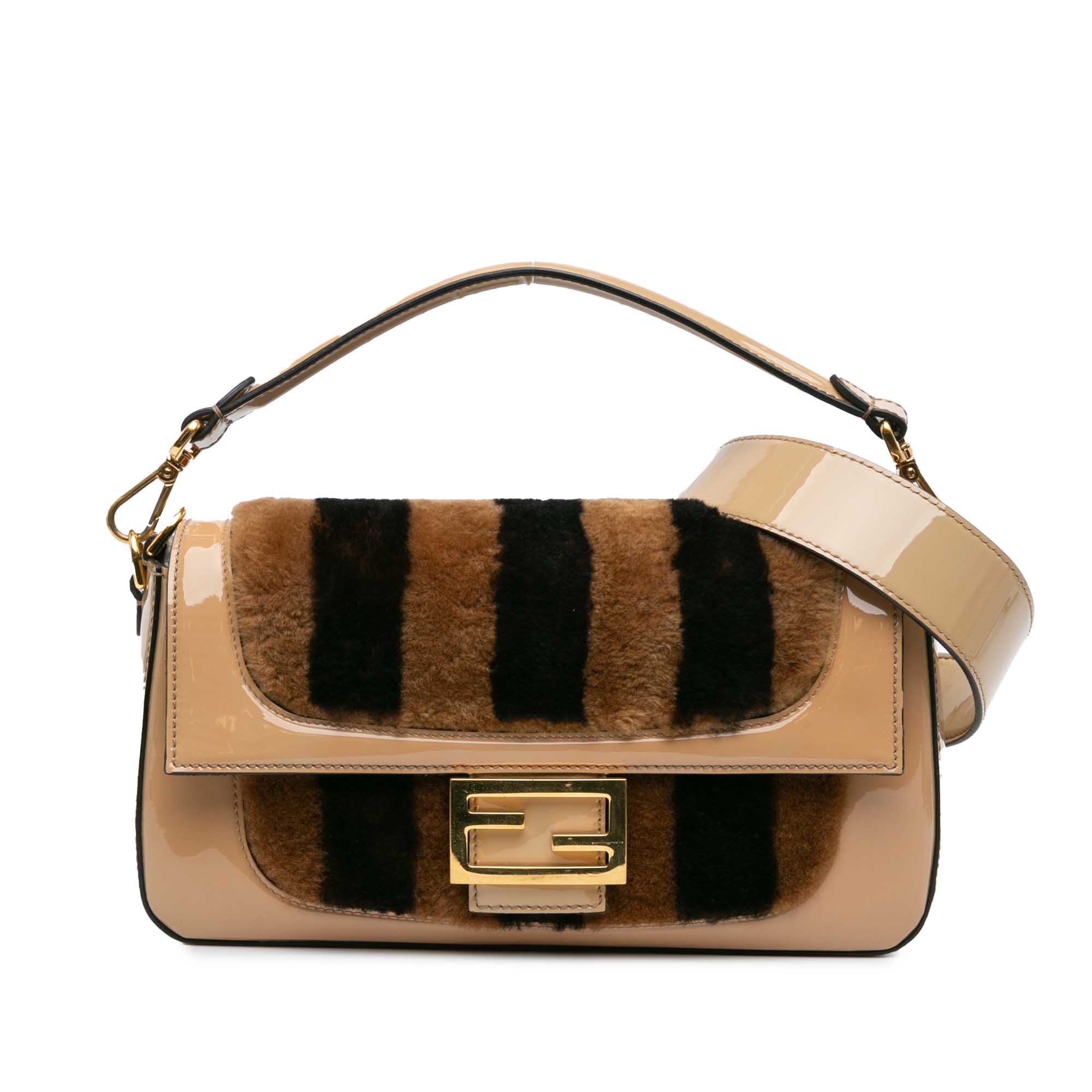 Brown Fendi Shearling Pequin Baguette Satchel