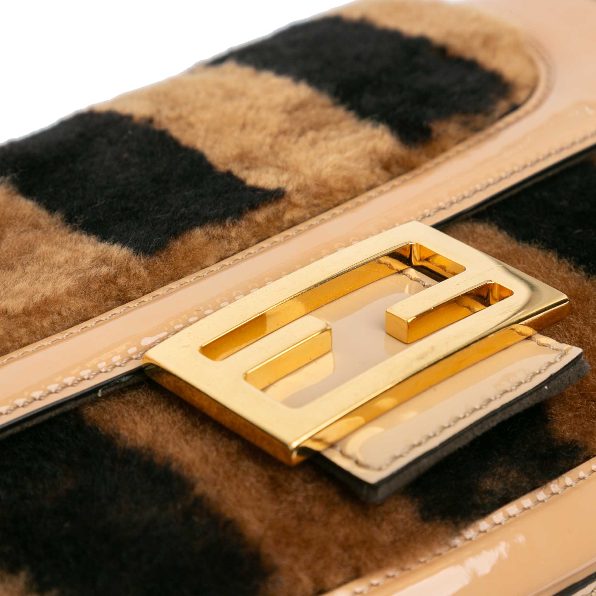 Brown Fendi Shearling Pequin Baguette Satchel