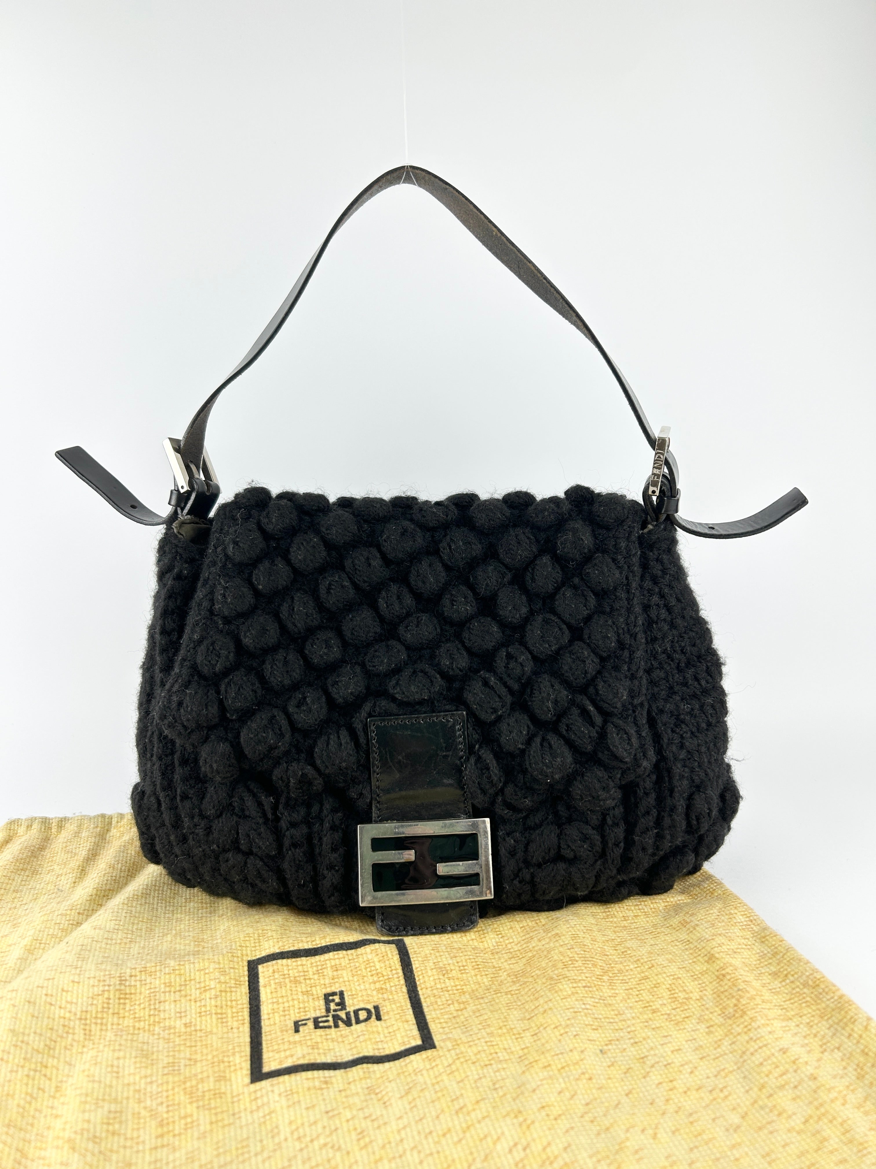 Vintage Fendi Black Crochet Bobble Knit Mamma Baguette Shoulder Bag