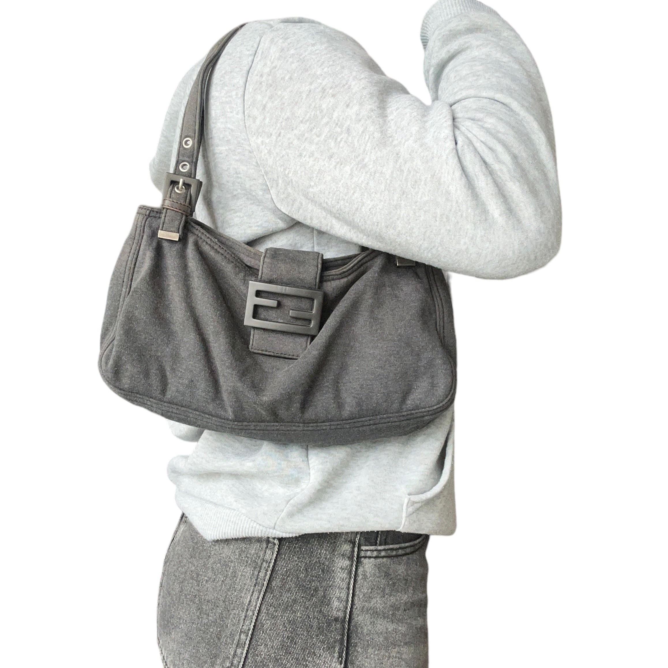 Vintage Fendi Dark Grey Jersey Cloth FF Buckle Shoulder Bag