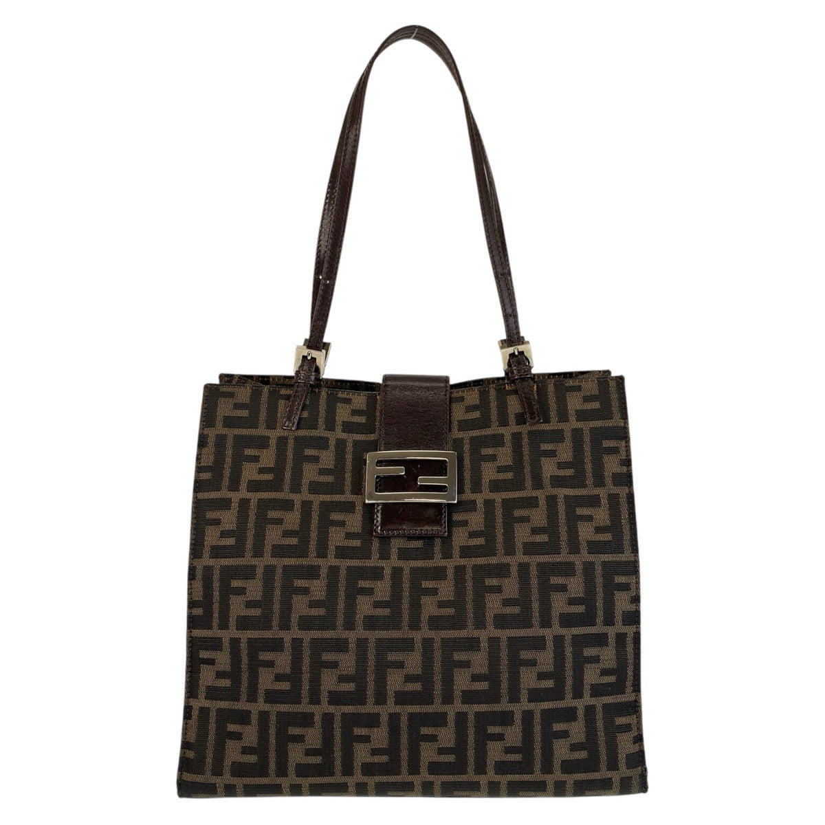 FENDI Tote Bag Canvas, Leather Brown Silver Metal Tote Bag Shoulder Bag Zucca Women Used