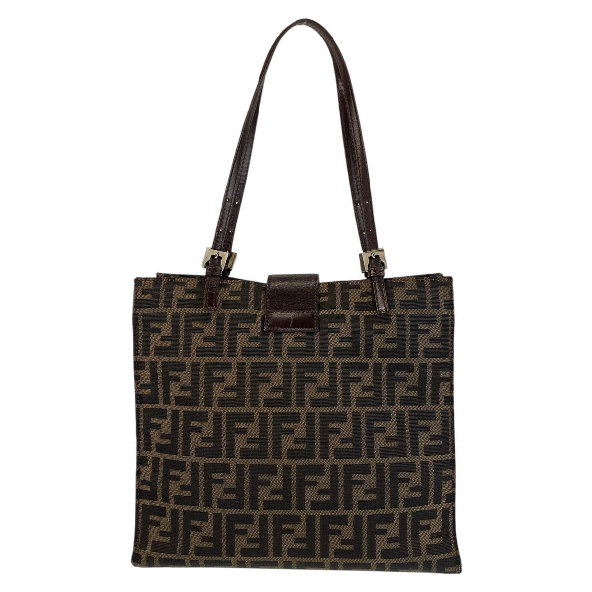 FENDI Tote Bag Canvas, Leather Brown Silver Metal Tote Bag Shoulder Bag Zucca Women Used
