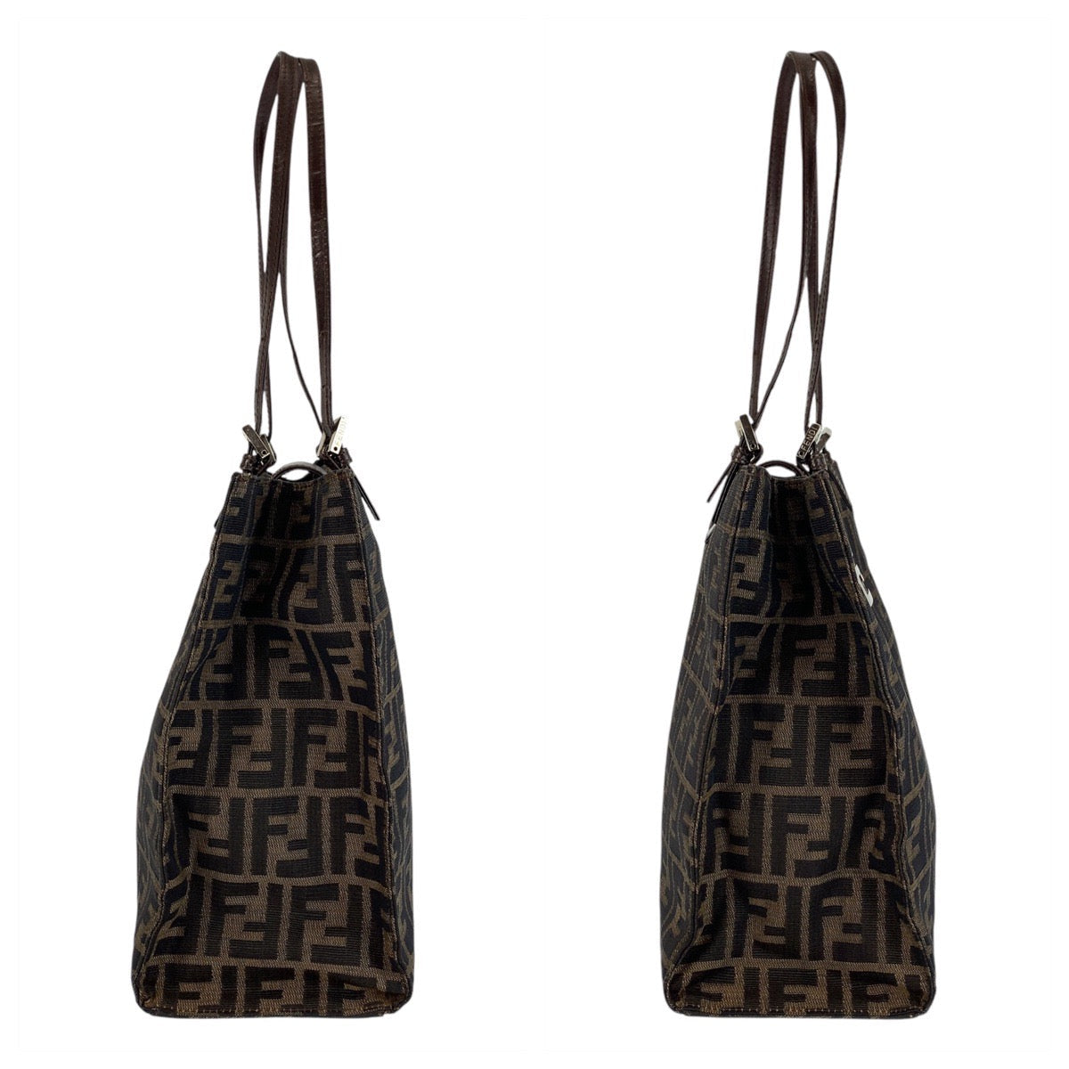 FENDI Tote Bag Canvas, Leather Brown Silver Metal Tote Bag Shoulder Bag Zucca Women Used