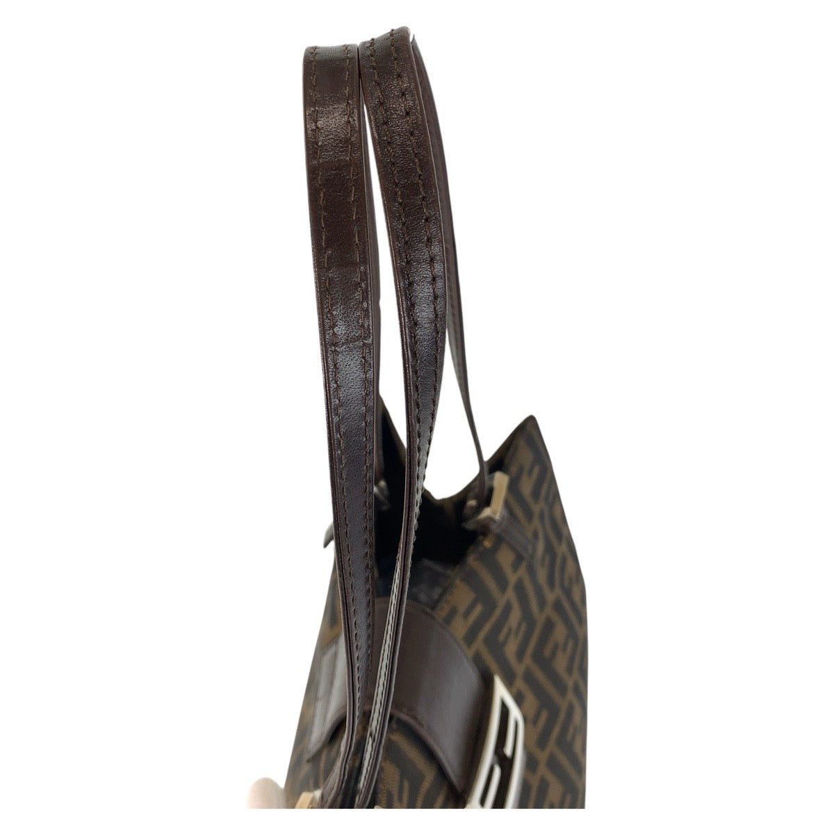 FENDI Tote Bag Canvas, Leather Brown Silver Metal Tote Bag Shoulder Bag Zucca Women Used