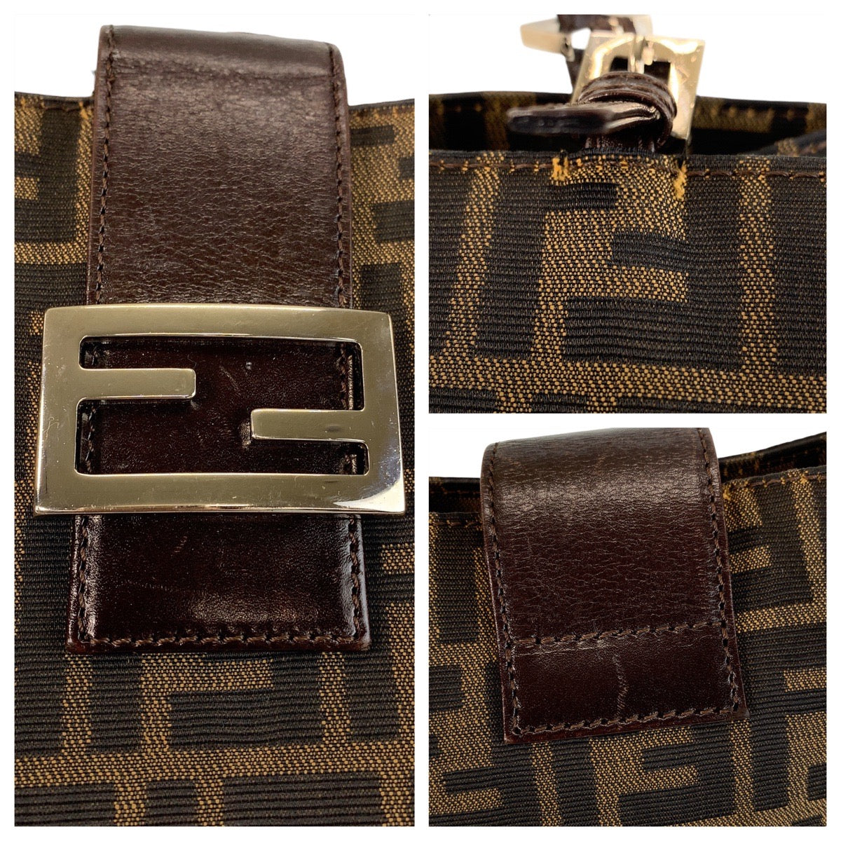 FENDI Tote Bag Canvas, Leather Brown Silver Metal Tote Bag Shoulder Bag Zucca Women Used