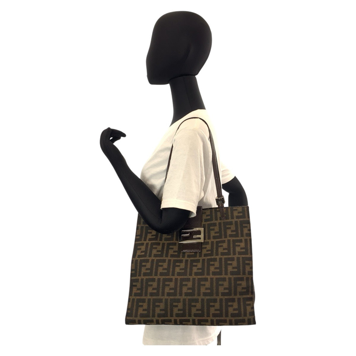 FENDI Tote Bag Canvas, Leather Brown Silver Metal Tote Bag Shoulder Bag Zucca Women Used
