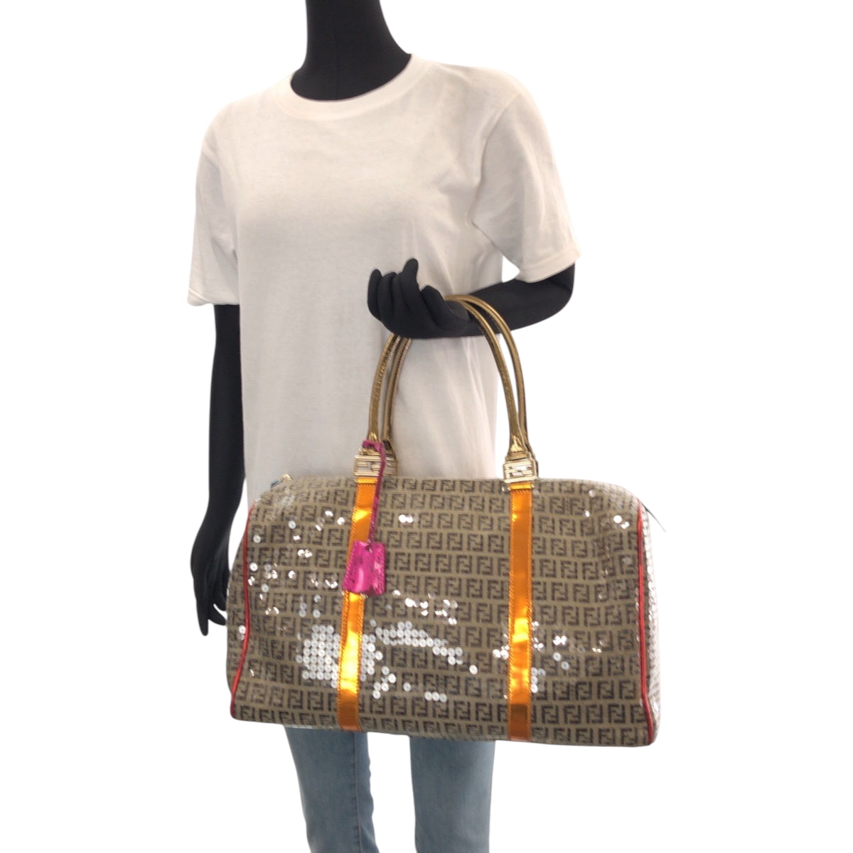 FENDI Boston Duffel bag 2370 8BL099 XBH 079 canvas Beige Multicolor Gold Metal Boston Duffel bag Handbag Zucchino Sequins Overnight Women Used