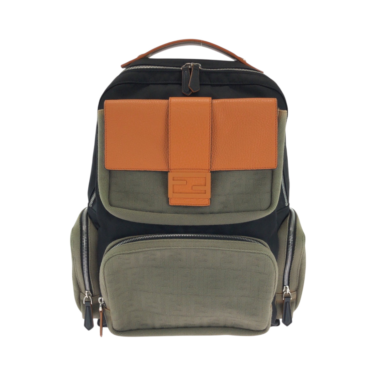 FENDI Backpack 7VZ048 Canvas, Nylon Black Orange Khaki SilverMetal Backpack Backpack Zucca Pattern mens Used