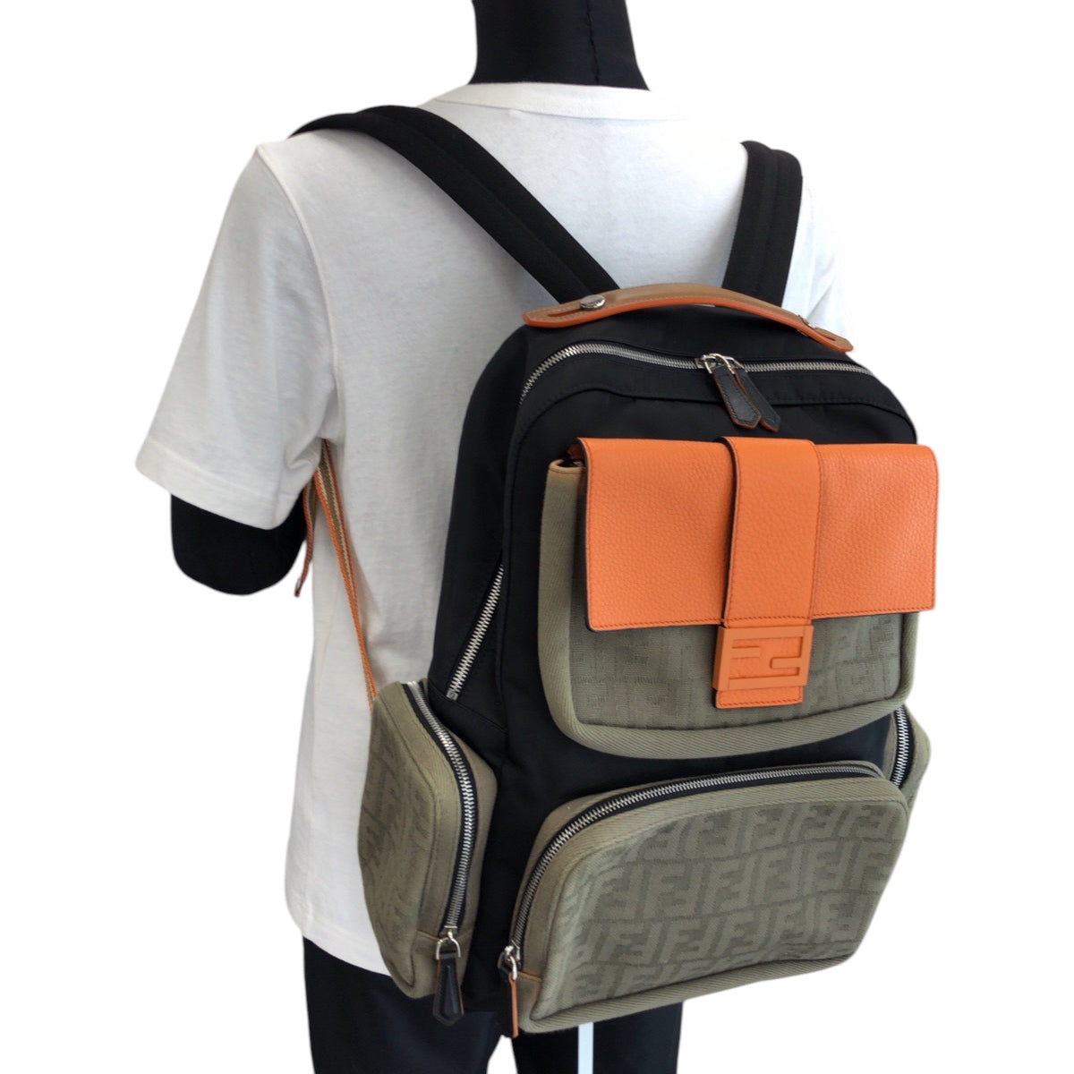 FENDI Backpack 7VZ048 Canvas, Nylon Black Orange Khaki SilverMetal Backpack Backpack Zucca Pattern mens Used