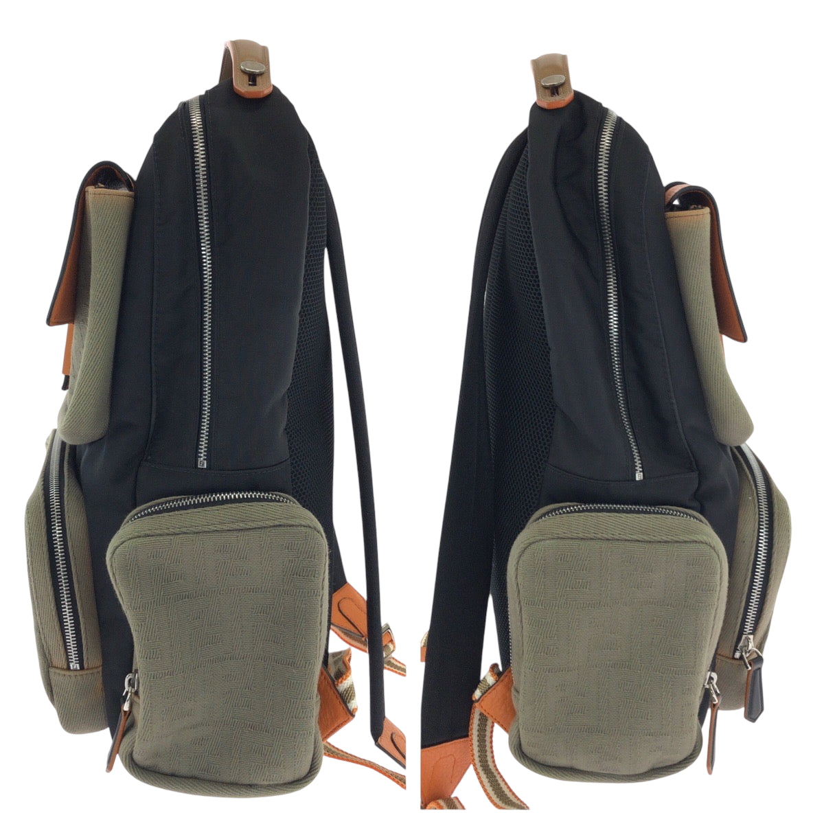 FENDI Backpack 7VZ048 Canvas, Nylon Black Orange Khaki SilverMetal Backpack Backpack Zucca Pattern mens Used