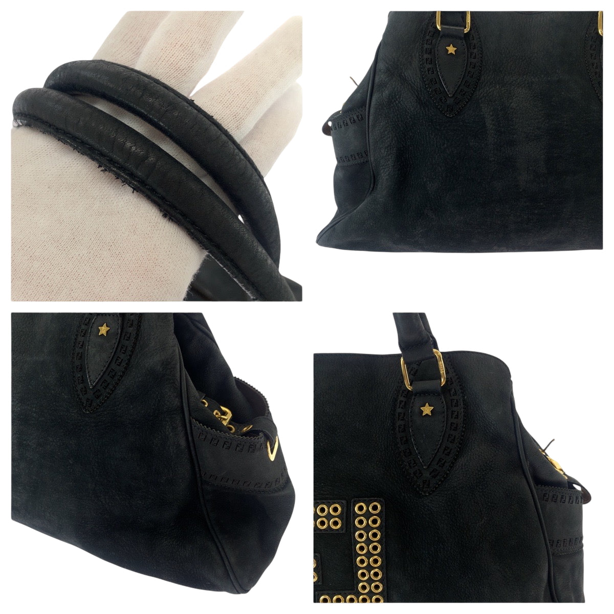 FENDI Tote Bag 2372 8BN162 Nubuck Black GoldMetal Tote Bag Shoulder Bag Etnico Punching studs Women Used