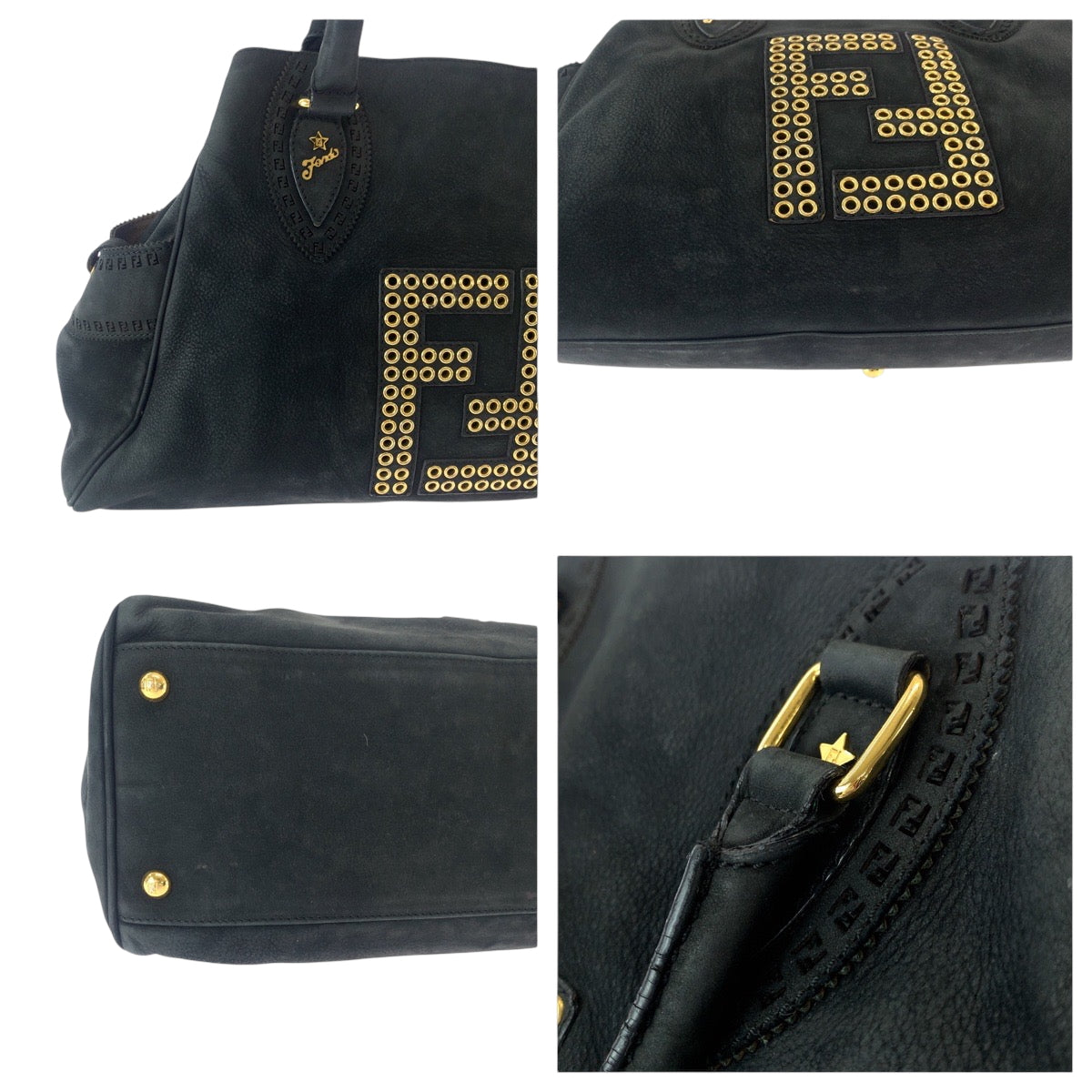 FENDI Tote Bag 2372 8BN162 Nubuck Black GoldMetal Tote Bag Shoulder Bag Etnico Punching studs Women Used