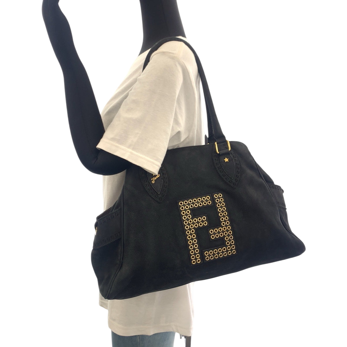 FENDI Tote Bag 2372 8BN162 Nubuck Black GoldMetal Tote Bag Shoulder Bag Etnico Punching studs Women Used
