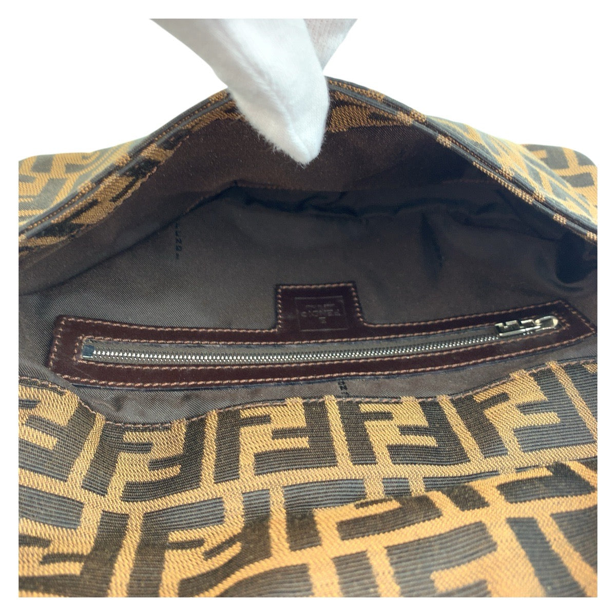 FENDI Shoulder Bag canvas Brown Silver Metal Zucca Mamma Bucket