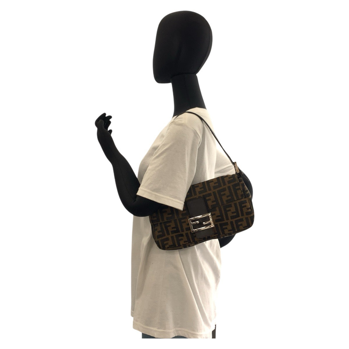 FENDI Shoulder Bag canvas Brown Silver Metal Zucca Mamma Bucket