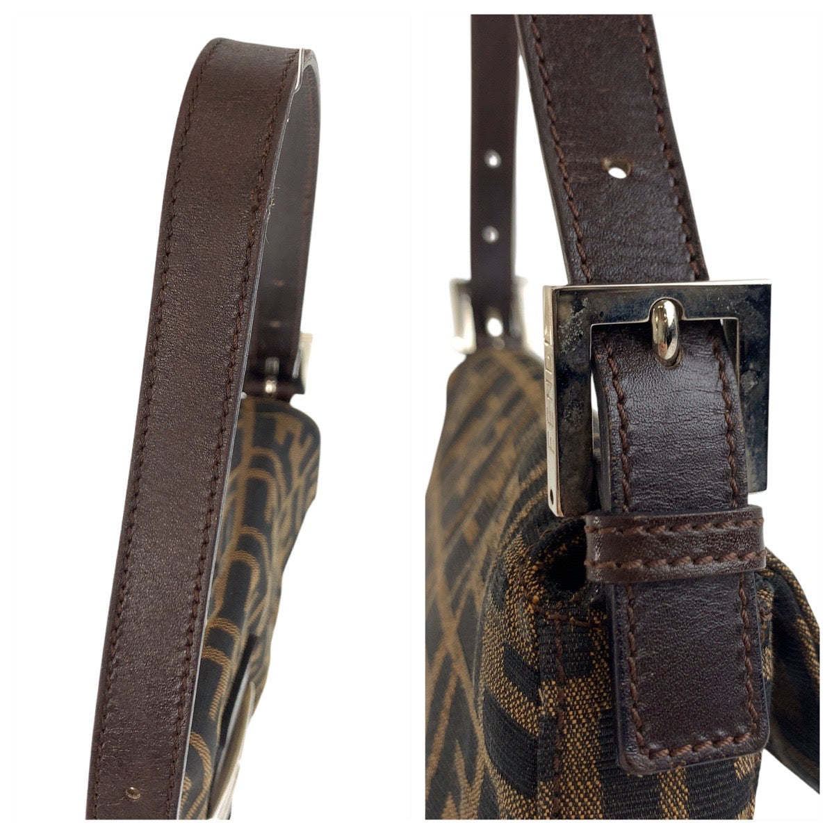 FENDI Shoulder Bag canvas Brown Silver Metal Zucca Mamma Bucket