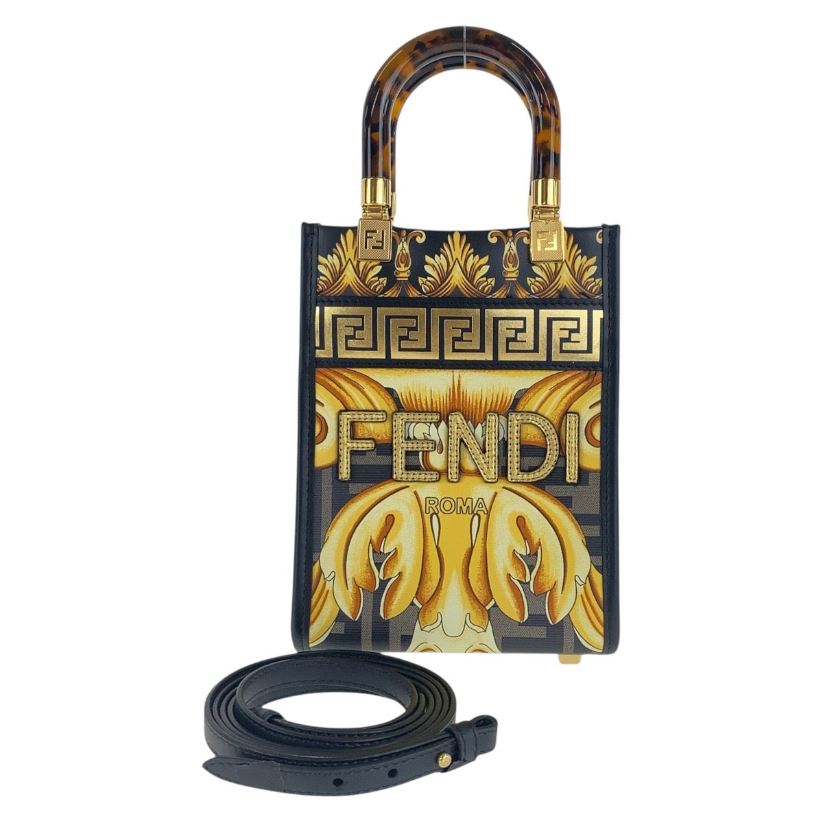 FENDI Shoulder Bag PVC Yellow Black Gold Metal Versace Fender Sunshine Shopper Small