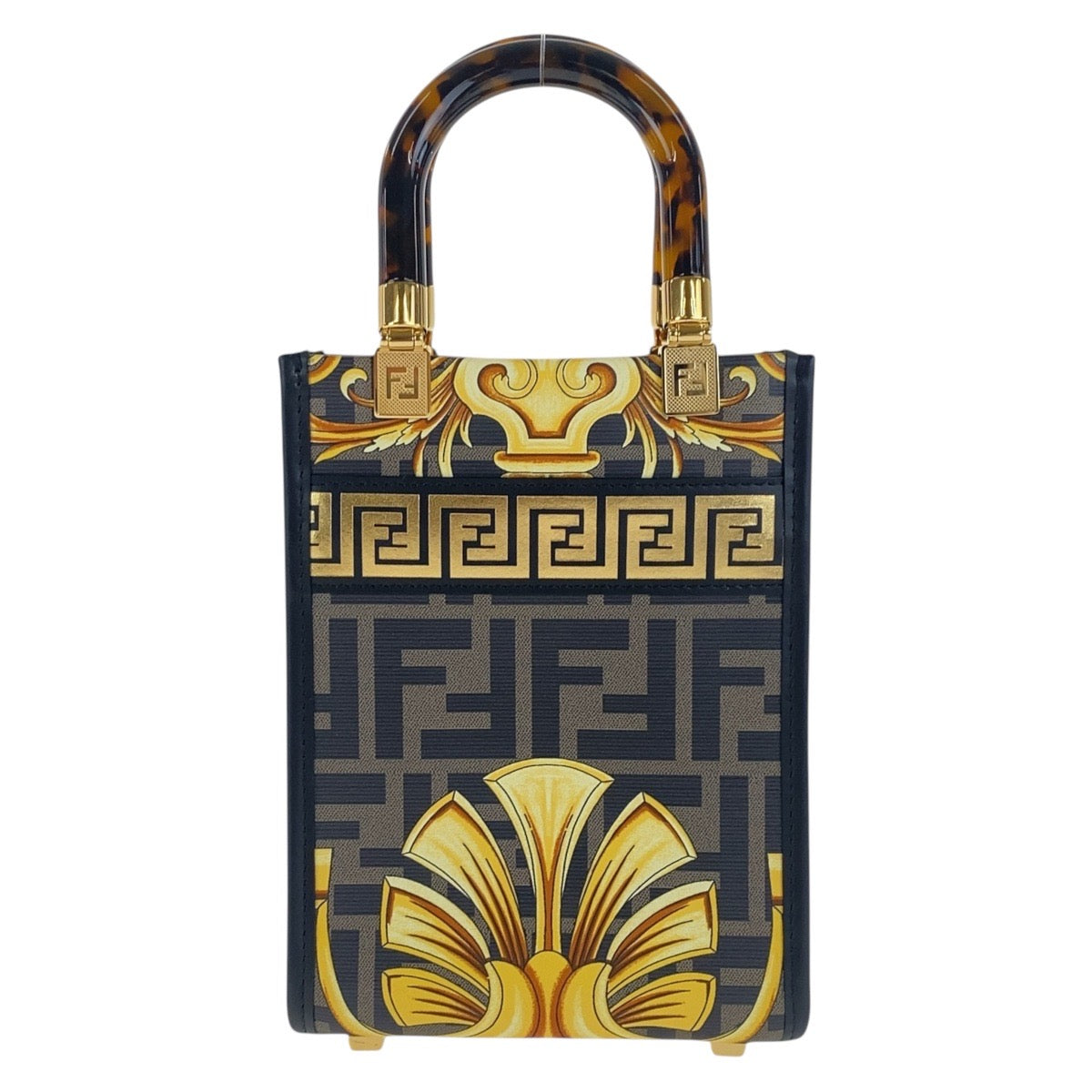 FENDI Shoulder Bag PVC Yellow Black Gold Metal Versace Fender Sunshine Shopper Small