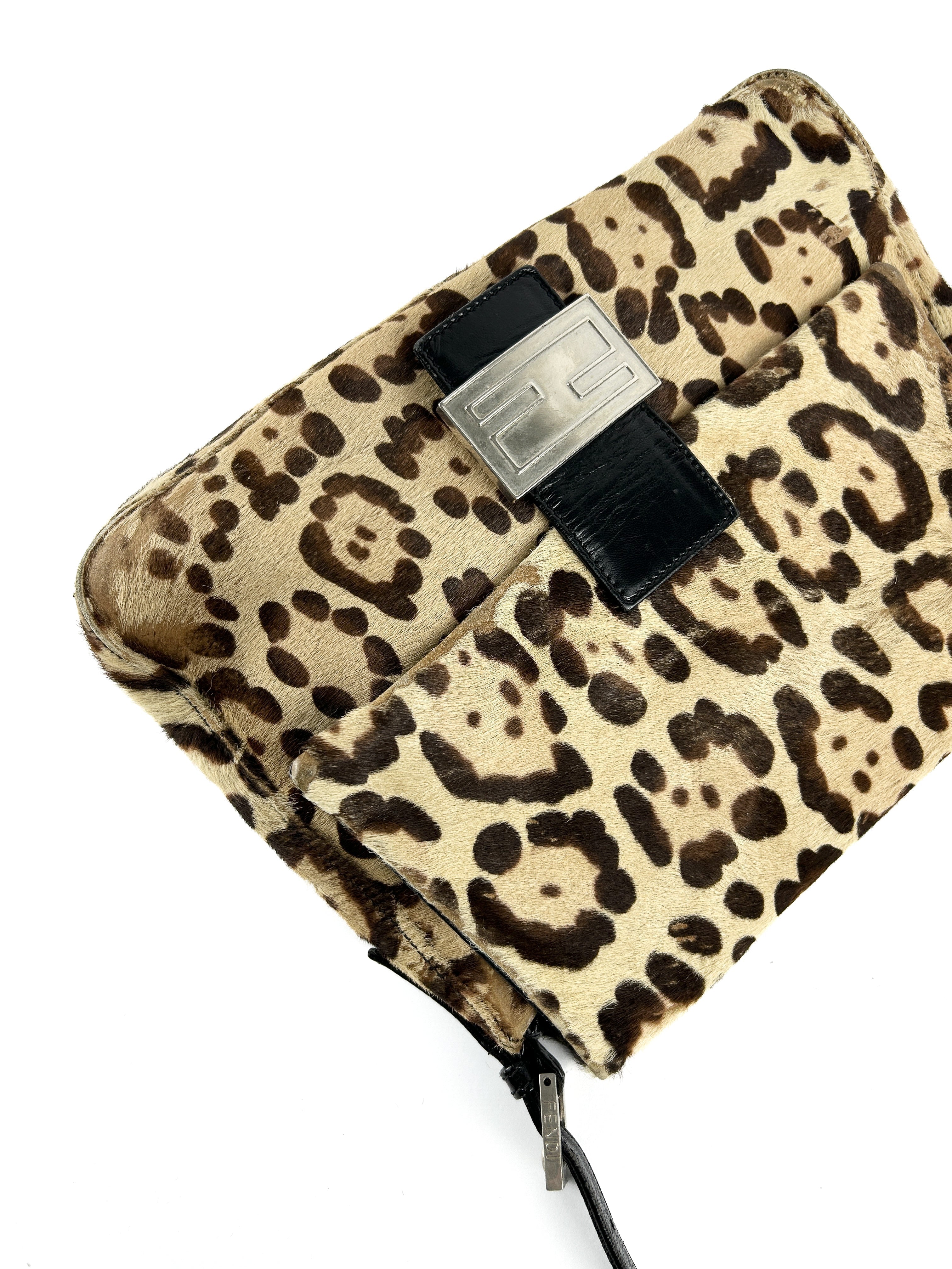 Vintage Fendi Leopard Print Calf Hair Mamma Baguette Shoulder Bag