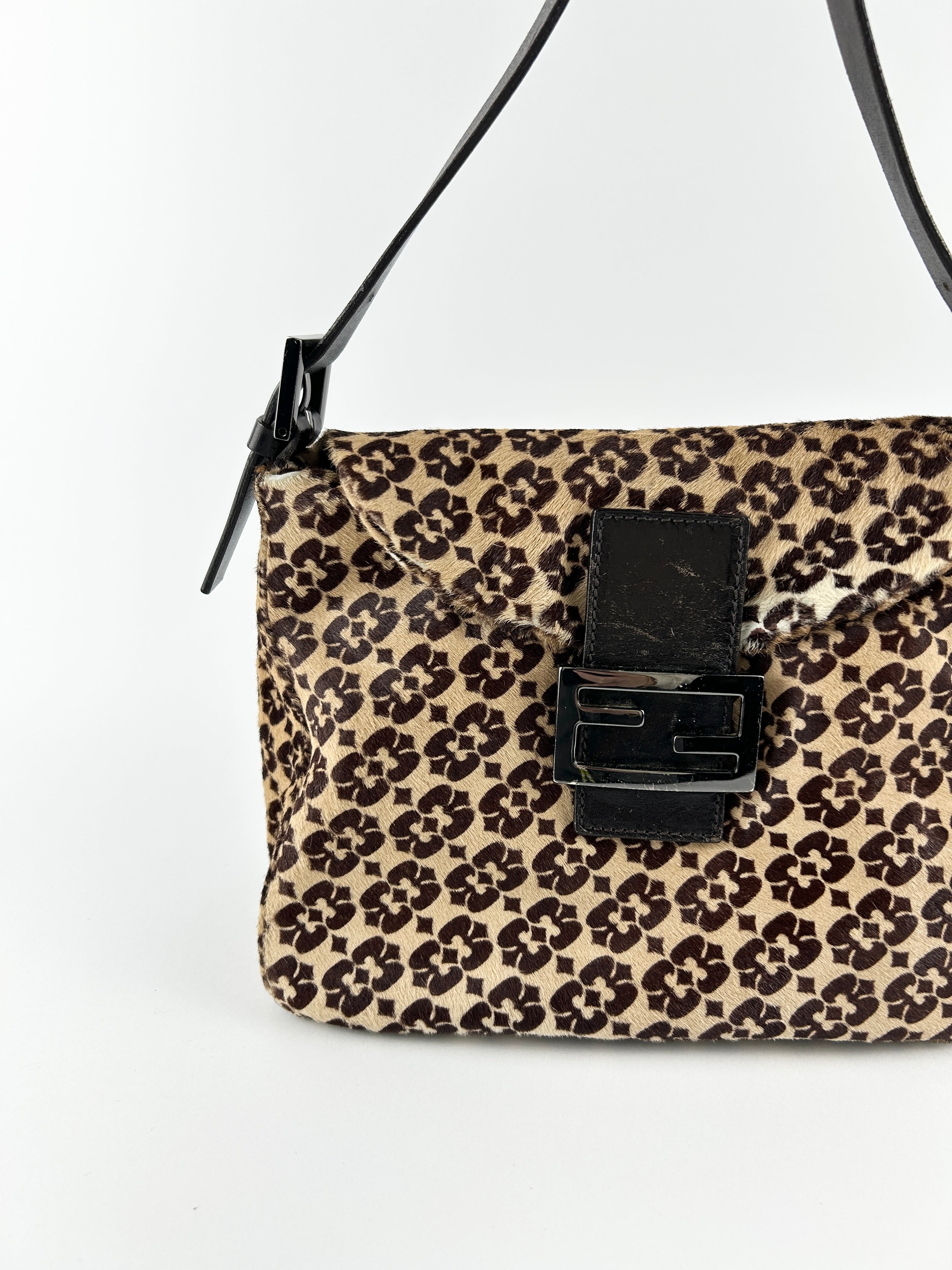 Vintage Fendi Zucca Calf Hair Mamma Baguette Shoulder Bag