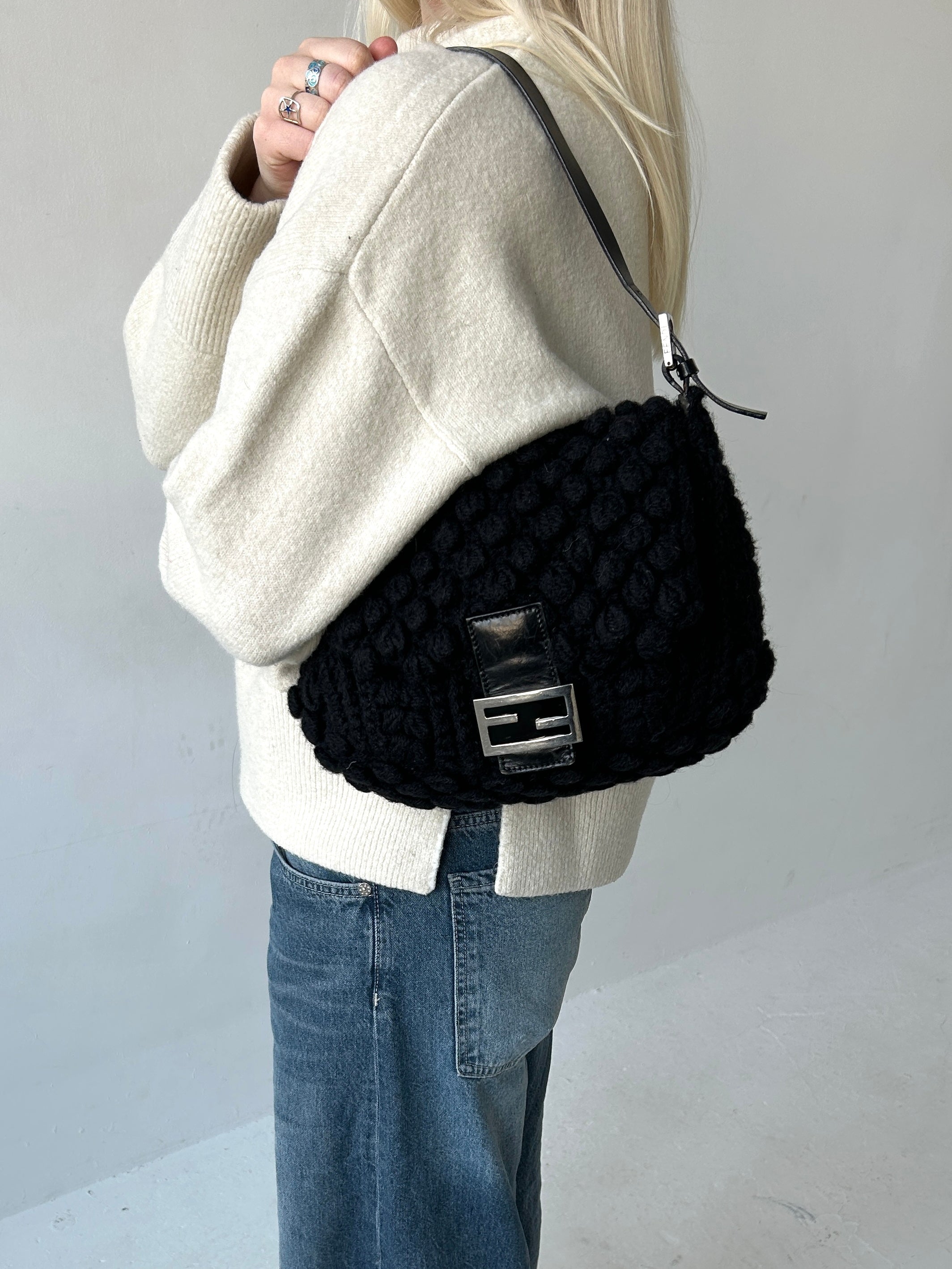 Vintage Fendi Black Crochet Bobble Knit Mamma Baguette Shoulder Bag