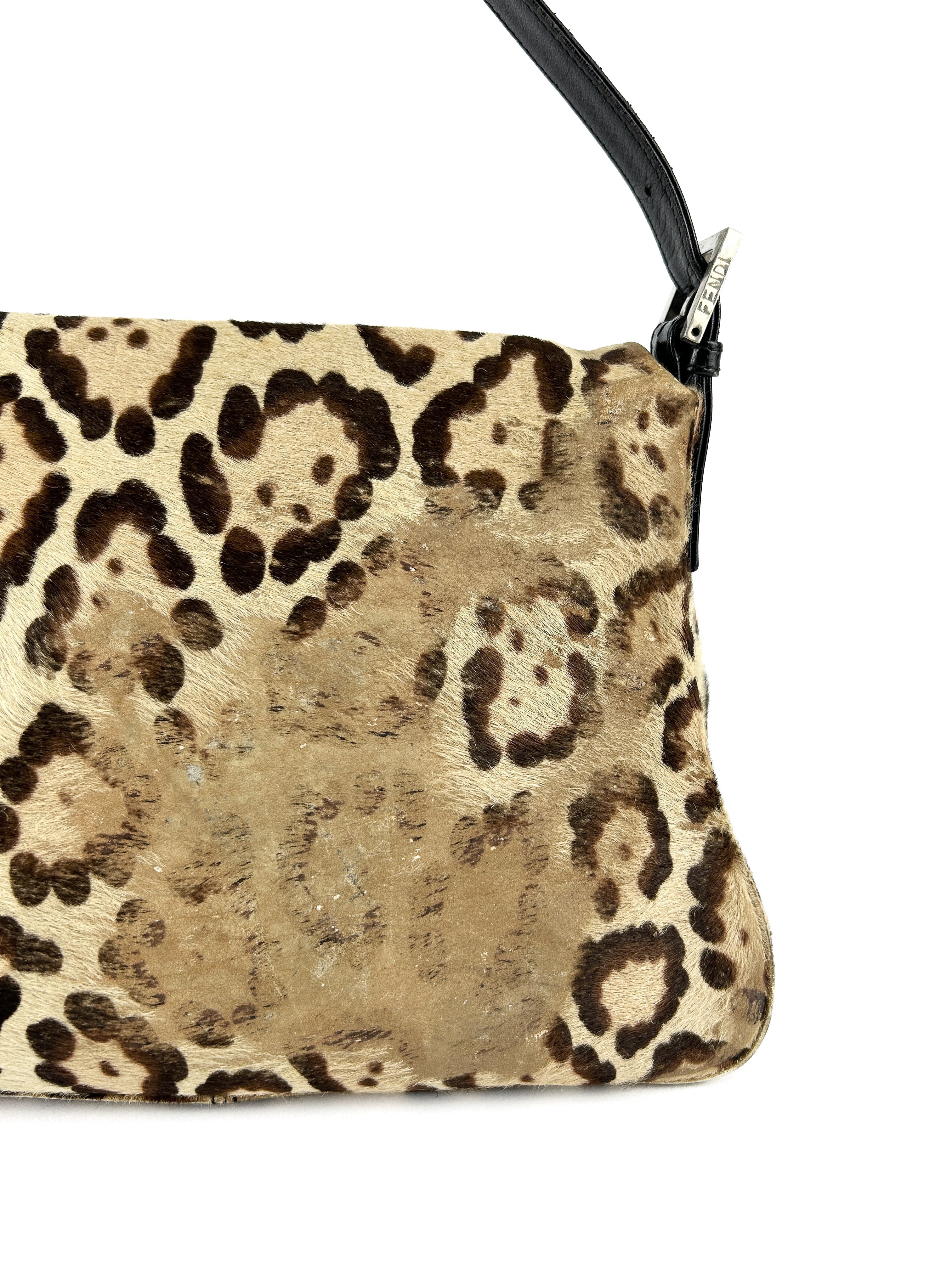 Vintage Fendi Leopard Print Calf Hair Mamma Baguette Shoulder Bag