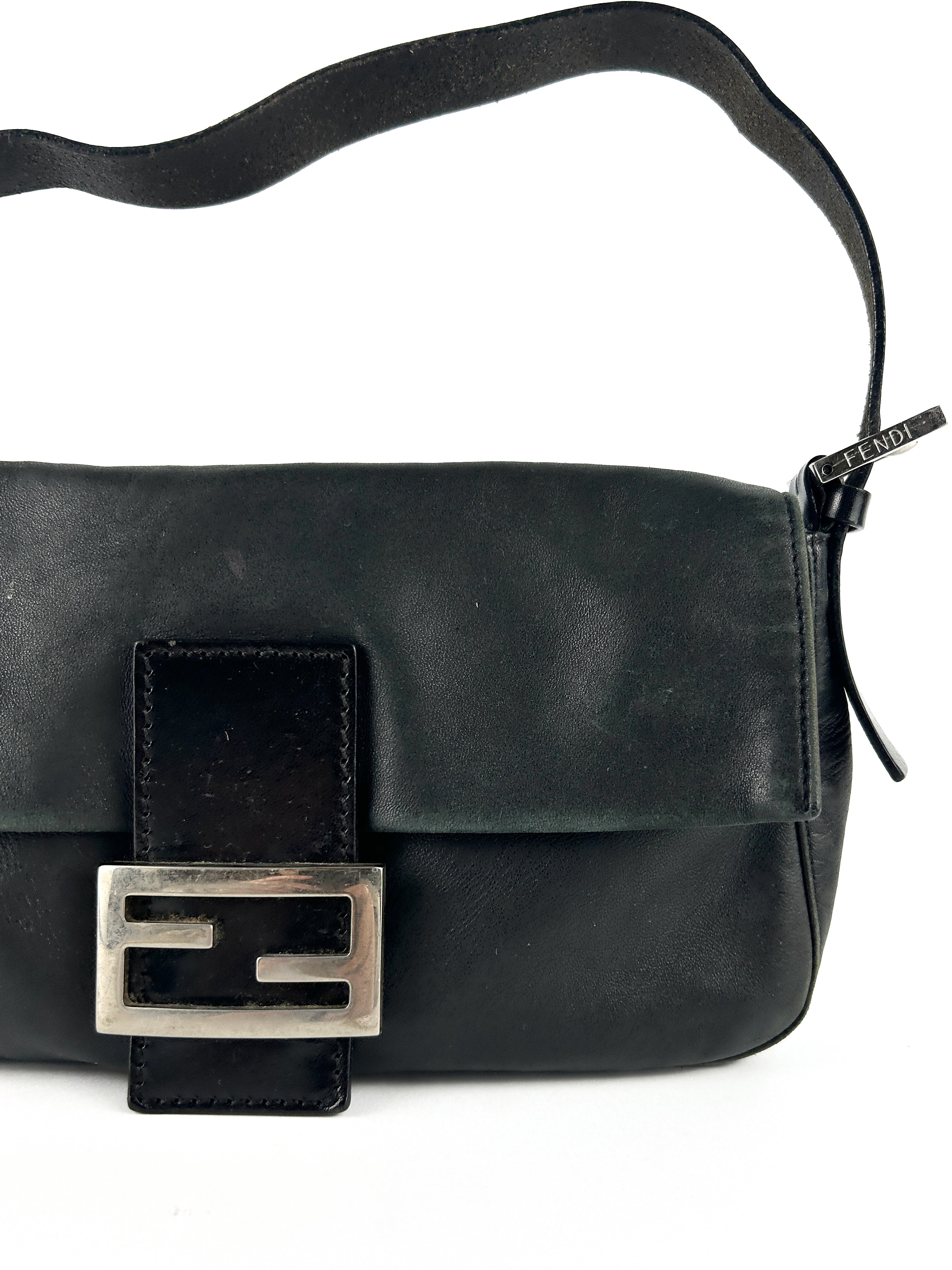 Vintage Fendi Black Leather Baguette Shoulder Bag