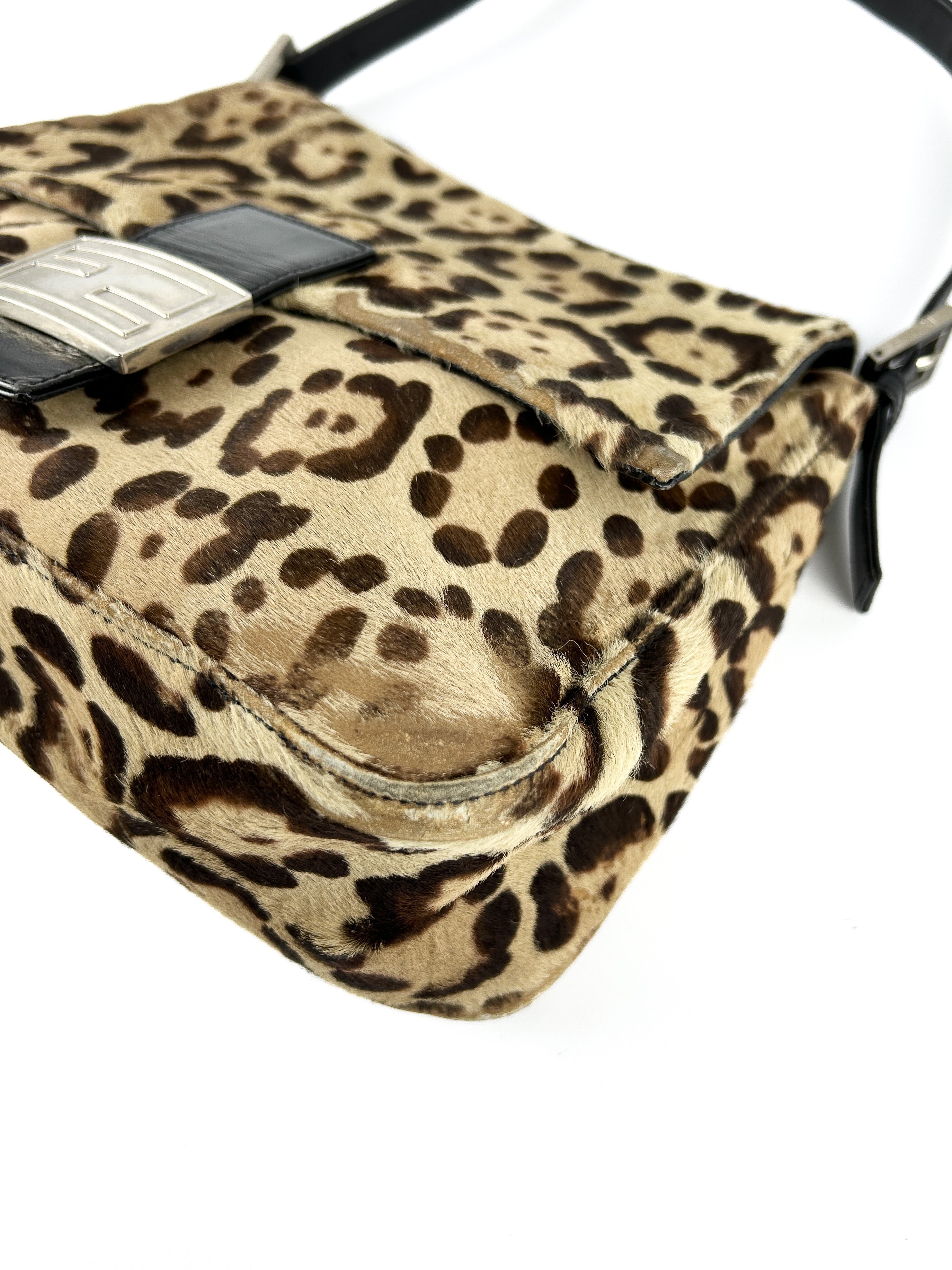 Vintage Fendi Leopard Print Calf Hair Mamma Baguette Shoulder Bag