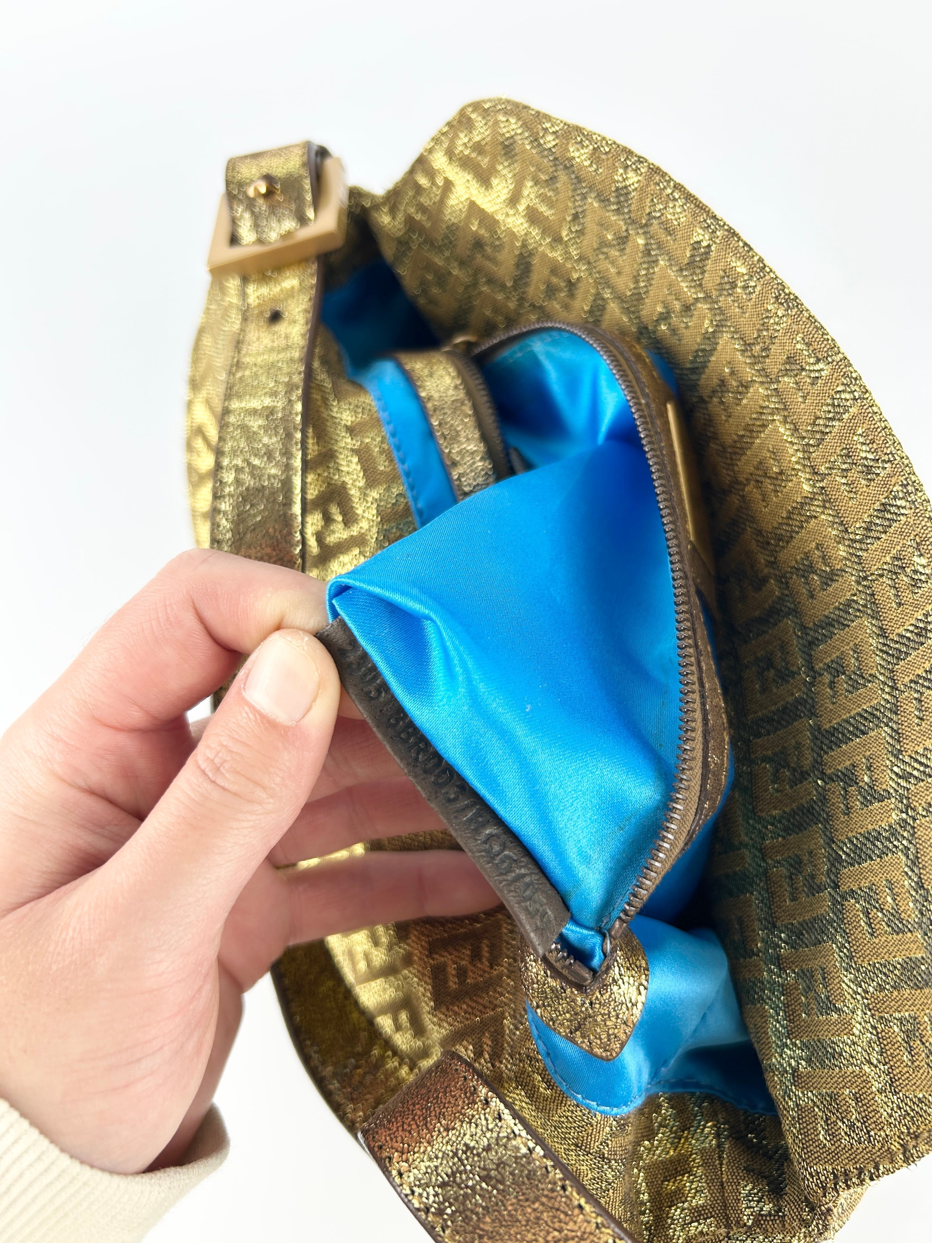 Vintage Fendi Zucca Lurex Gold Baguette Shoulder Bag