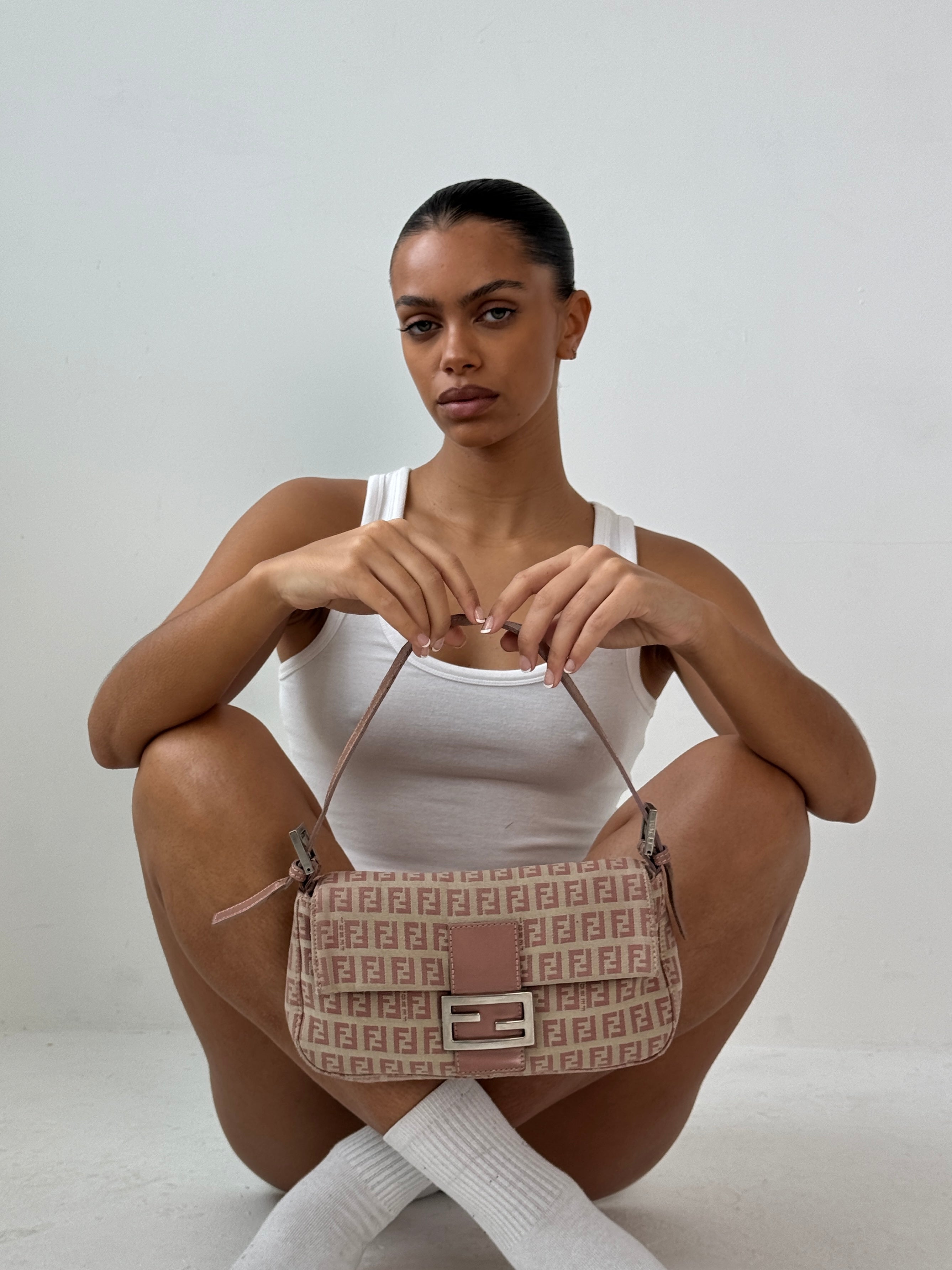 Vintage Fendi Zucca Pink Baguette Shoulder Bag