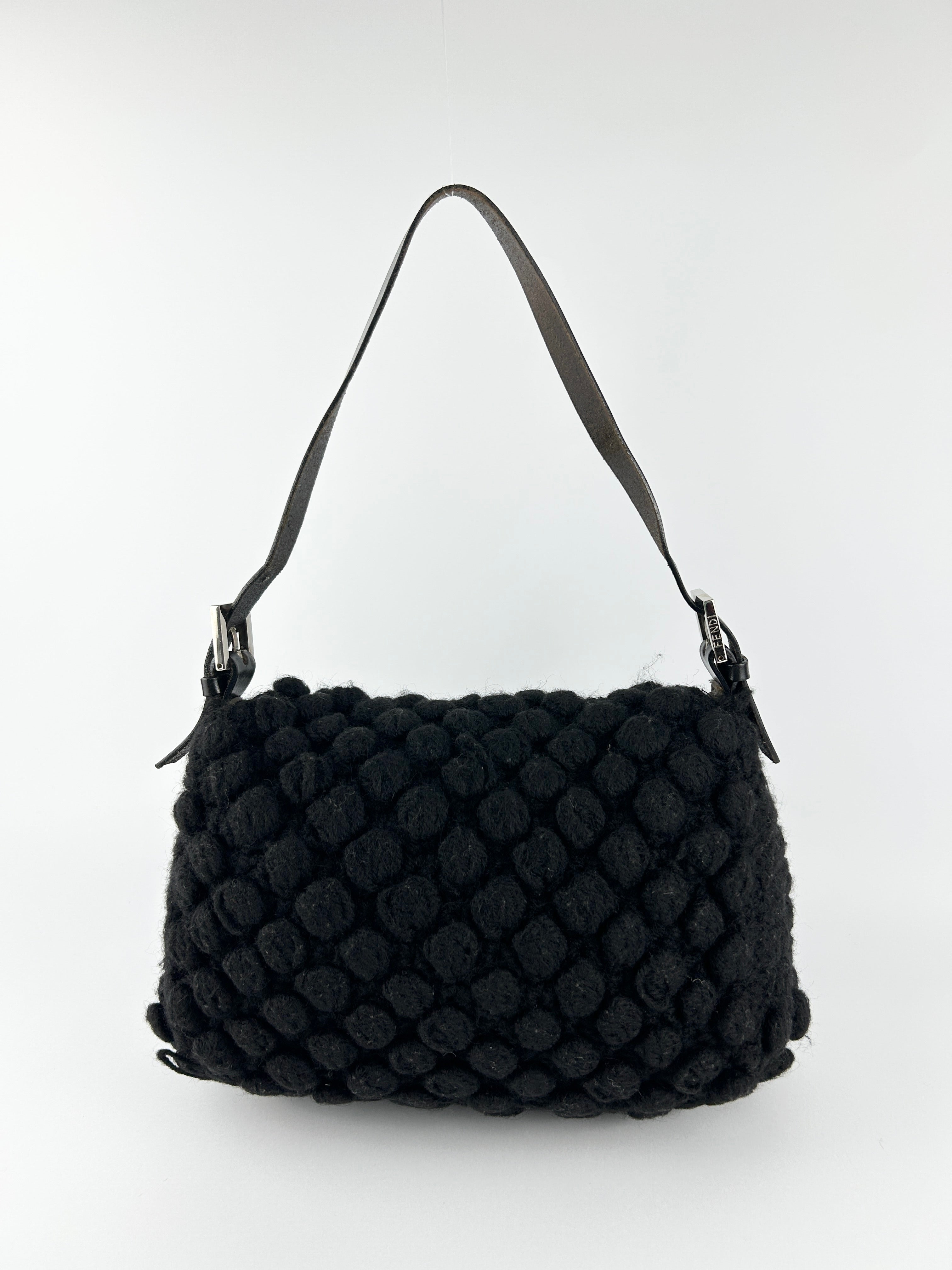 Vintage Fendi Black Crochet Bobble Knit Mamma Baguette Shoulder Bag