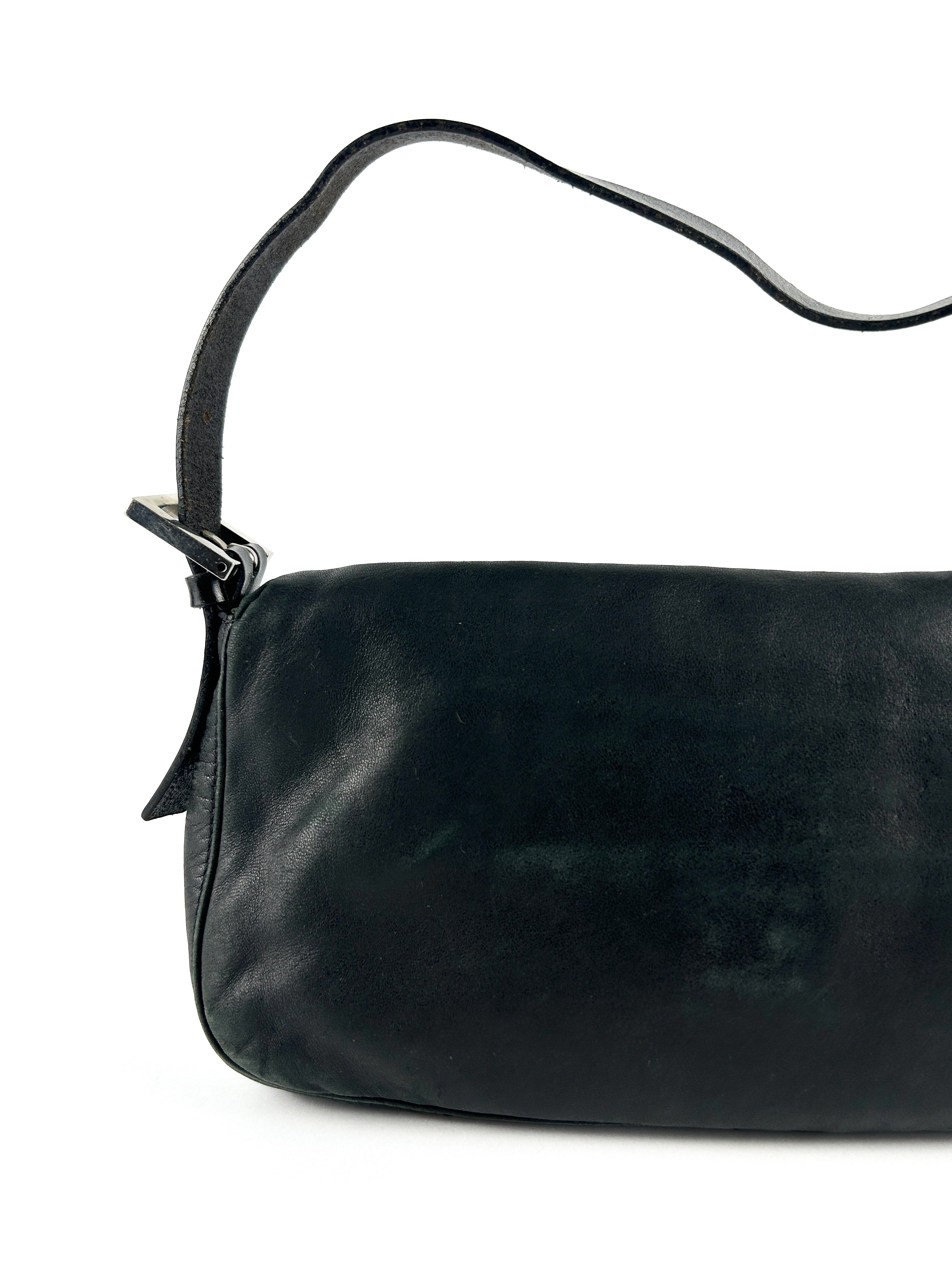 Vintage Fendi Black Leather Baguette Shoulder Bag
