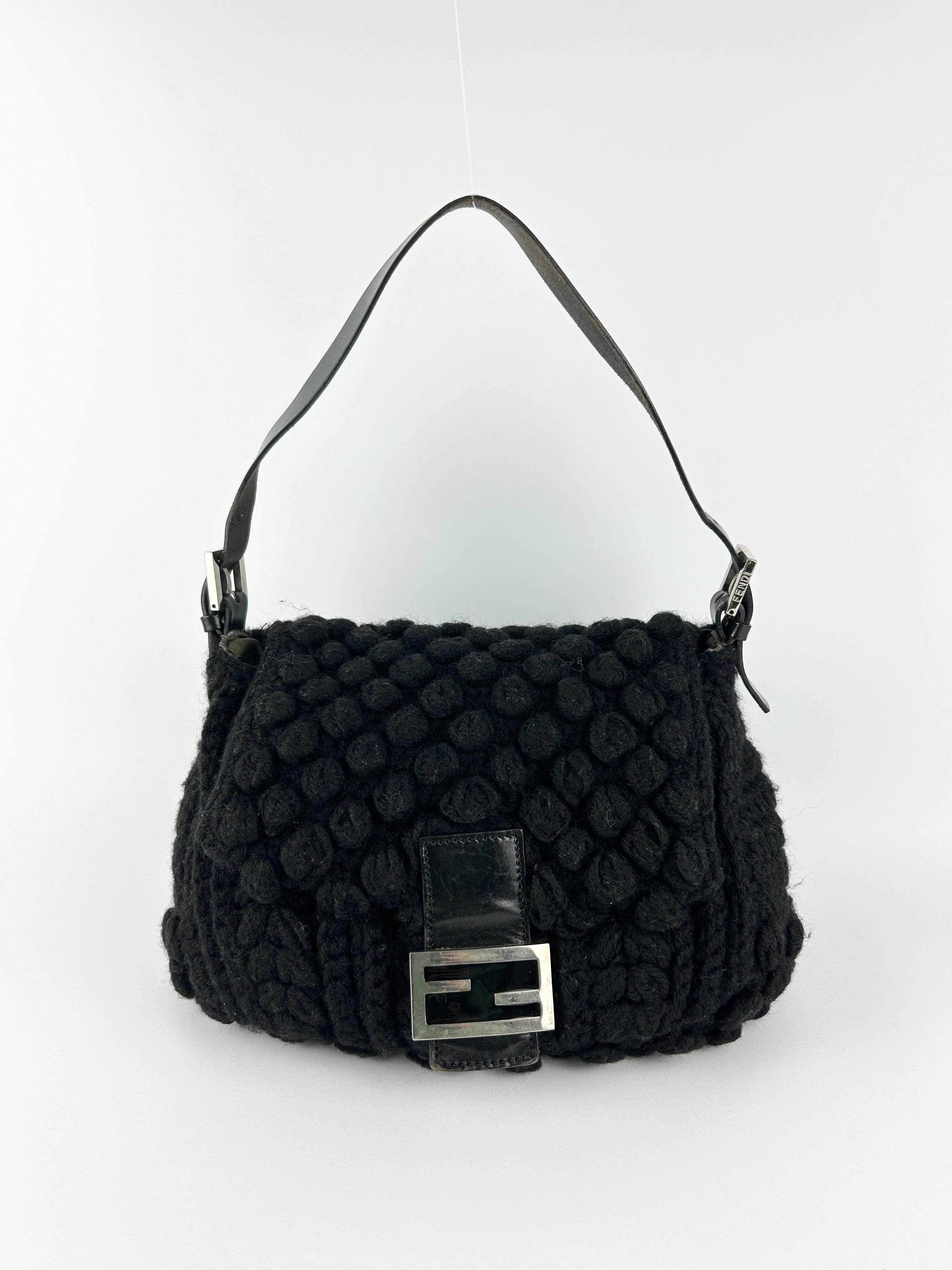 Vintage Fendi Black Crochet Bobble Knit Mamma Baguette Shoulder Bag