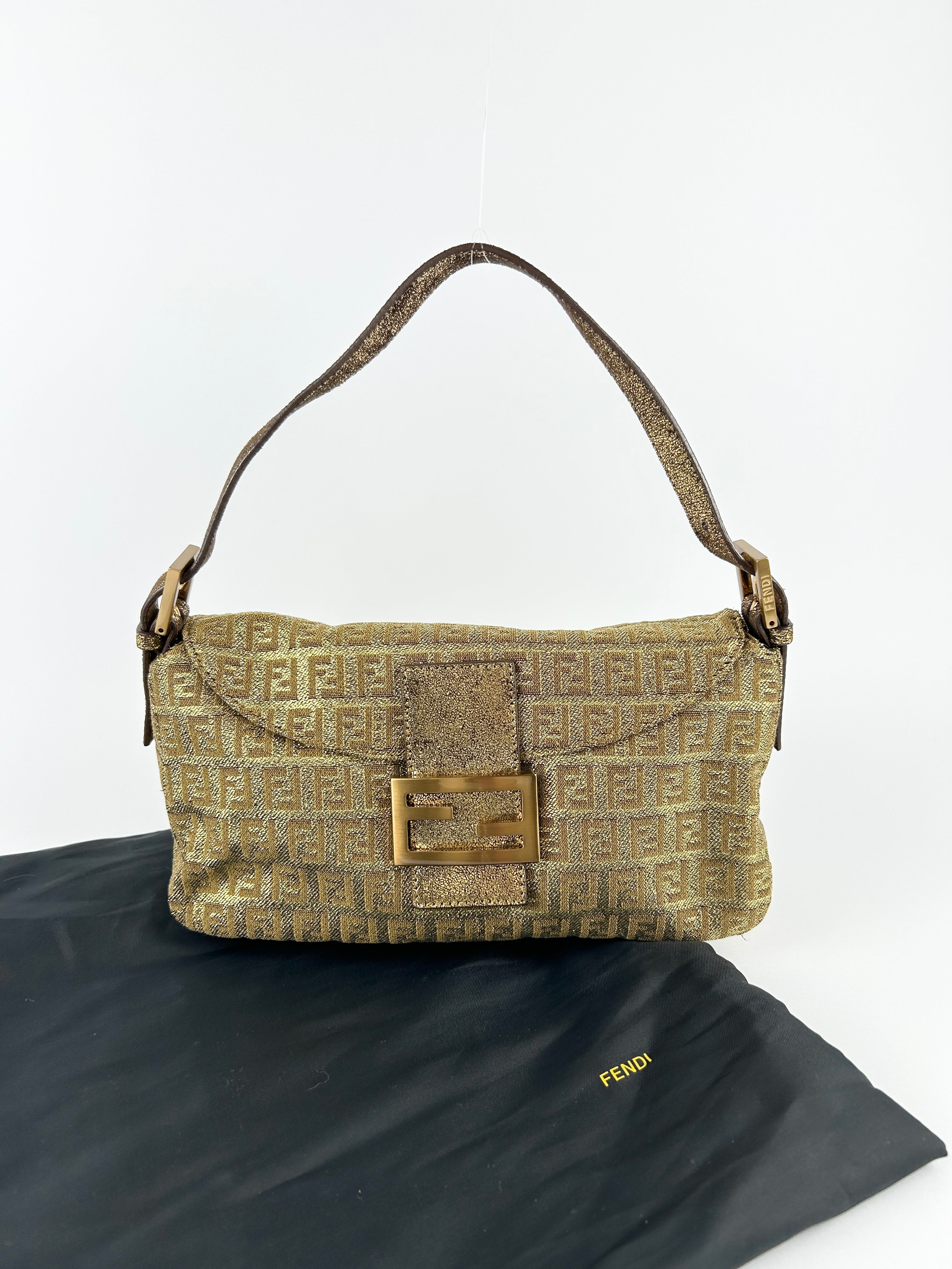 Vintage Fendi Zucca Lurex Gold Baguette Shoulder Bag