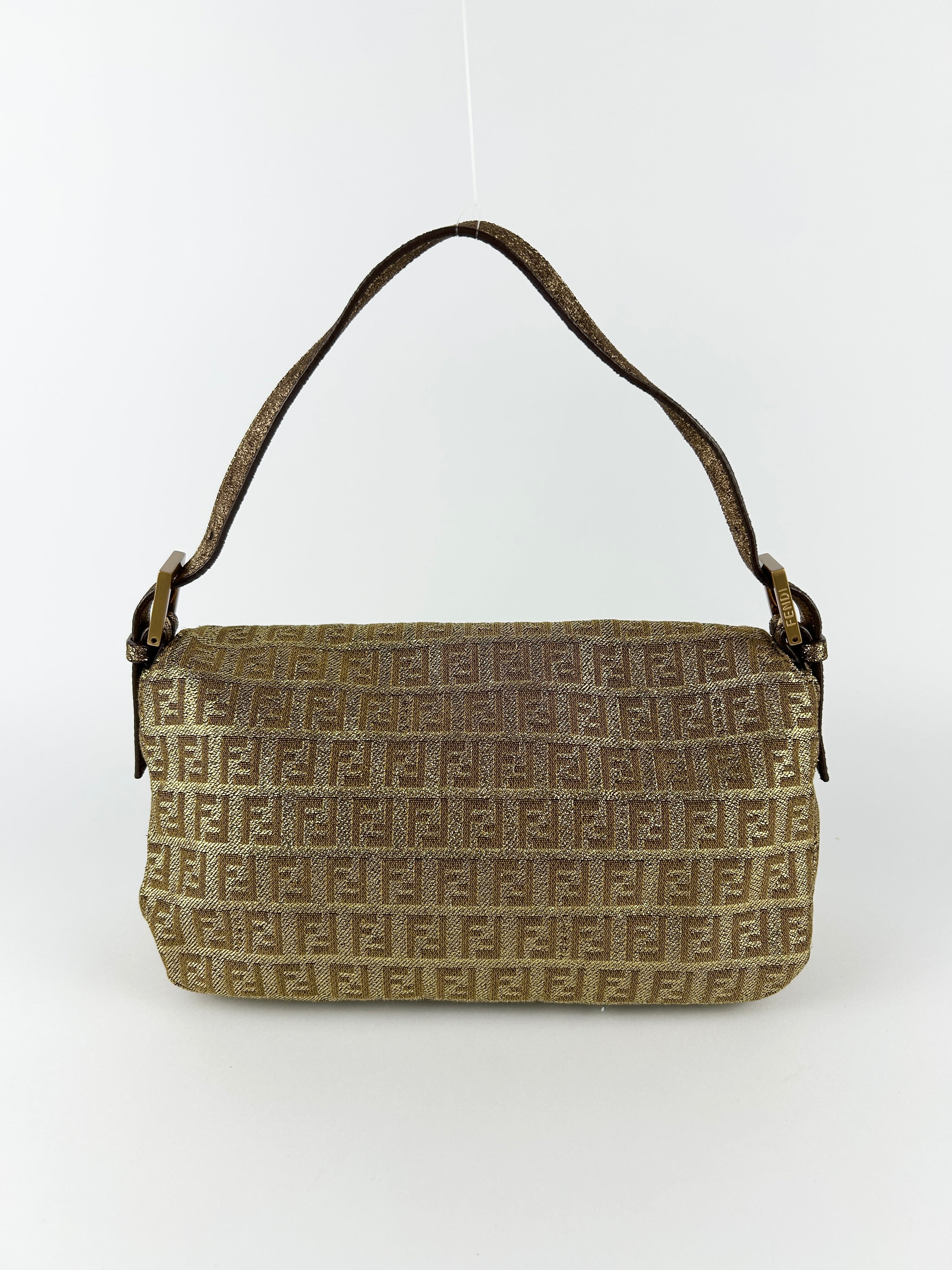 Vintage Fendi Zucca Lurex Gold Baguette Shoulder Bag