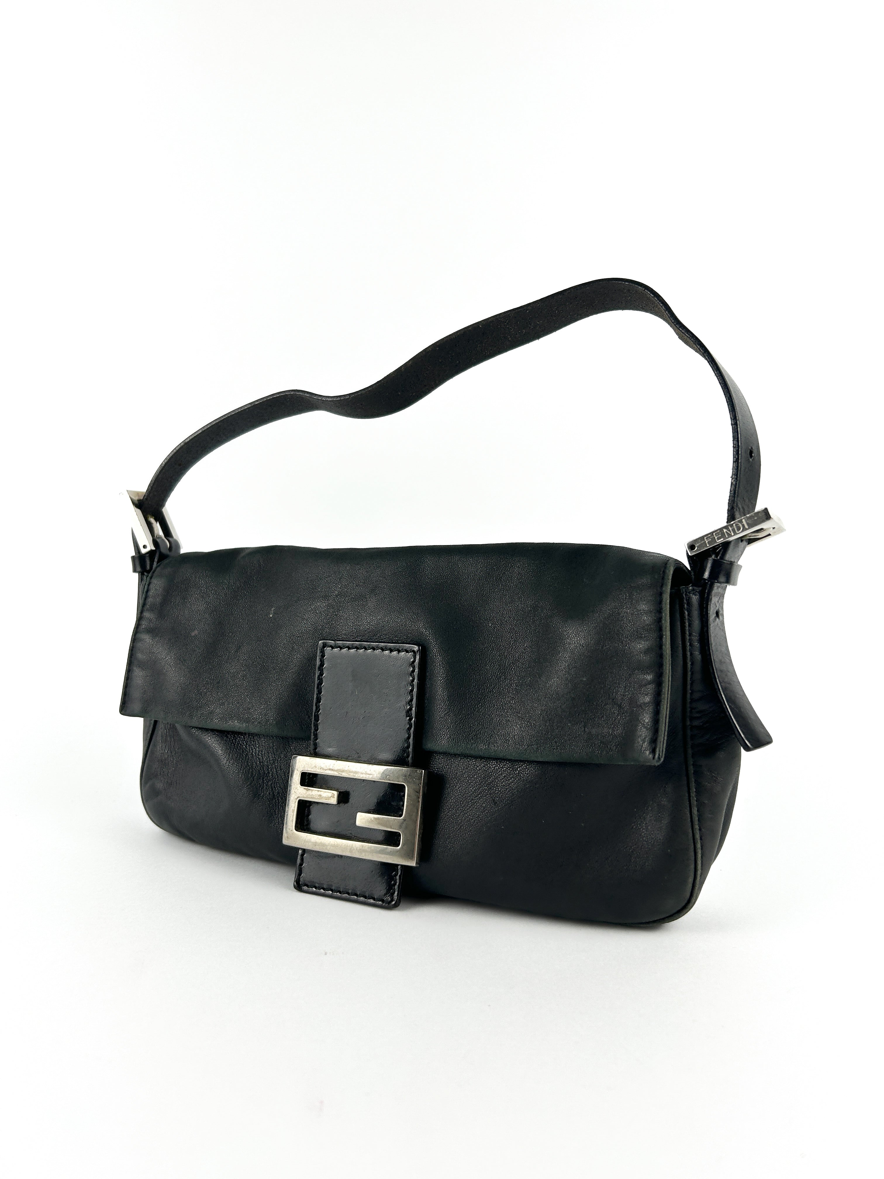 Vintage Fendi Black Leather Baguette Shoulder Bag