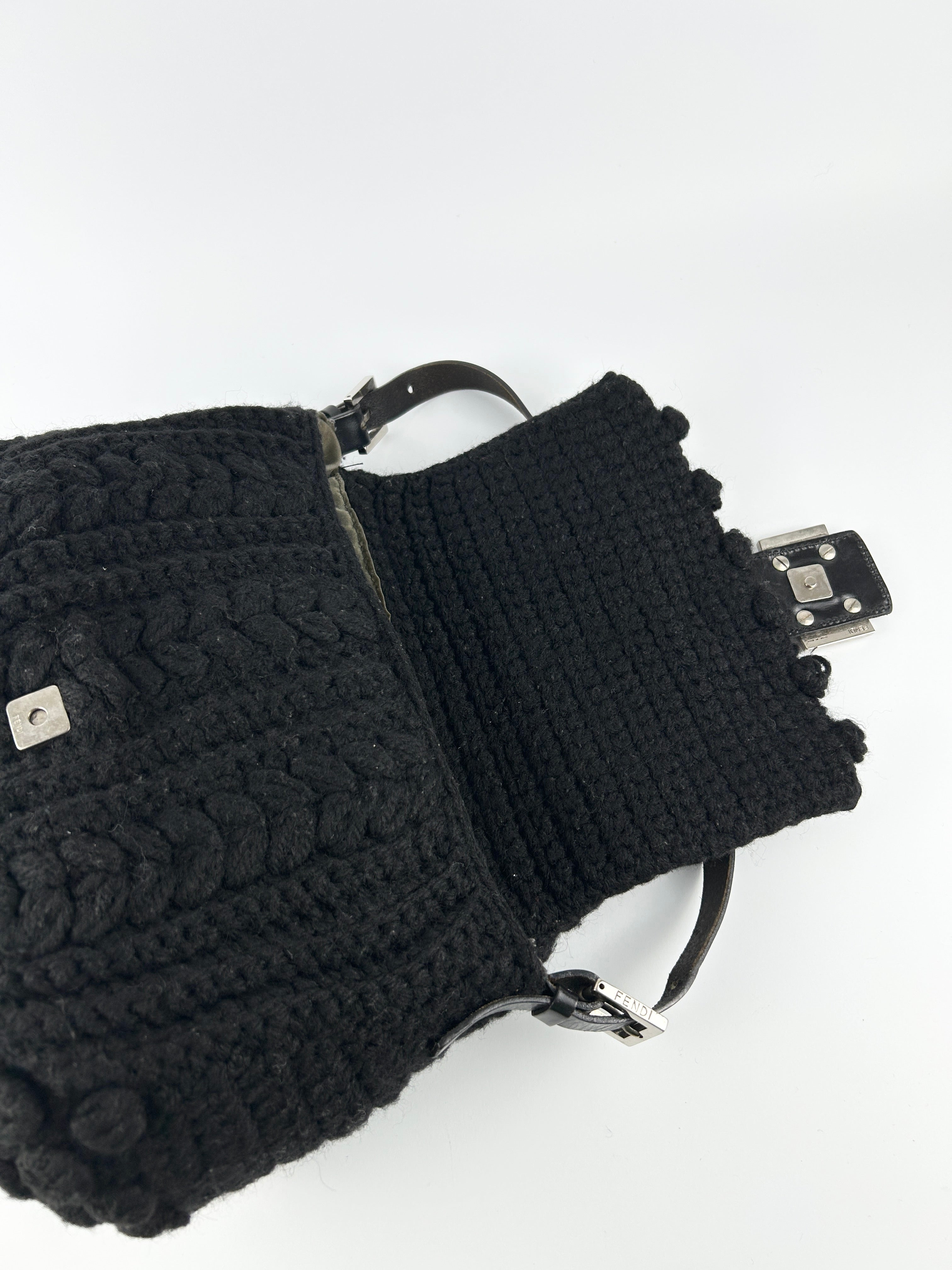 Vintage Fendi Black Crochet Bobble Knit Mamma Baguette Shoulder Bag