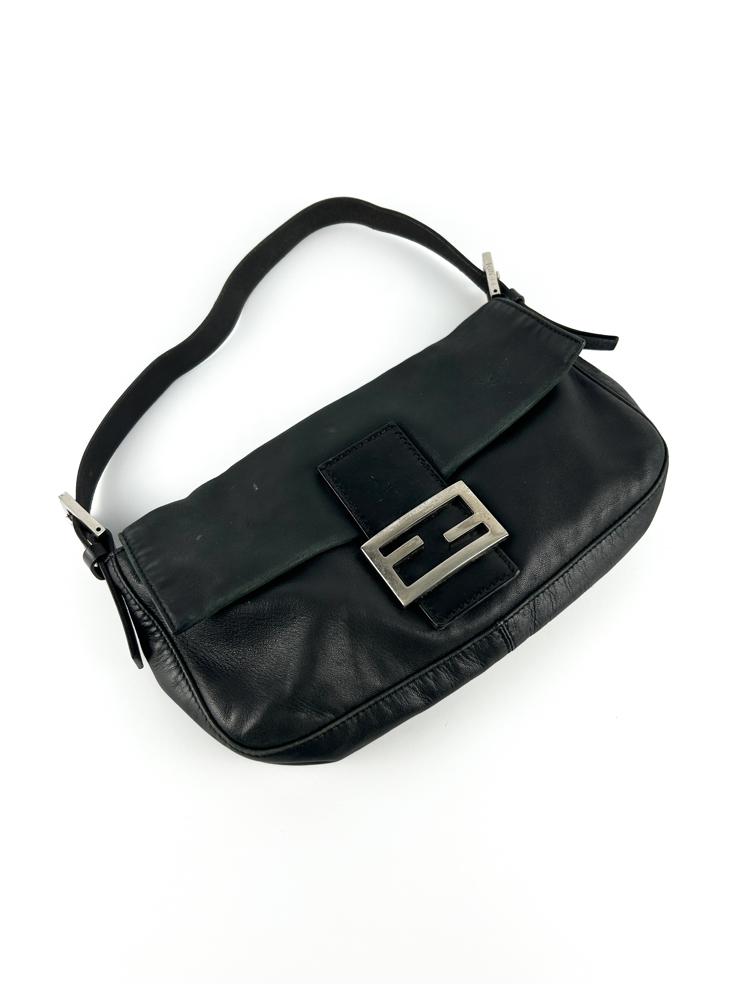 Vintage Fendi Black Leather Baguette Shoulder Bag