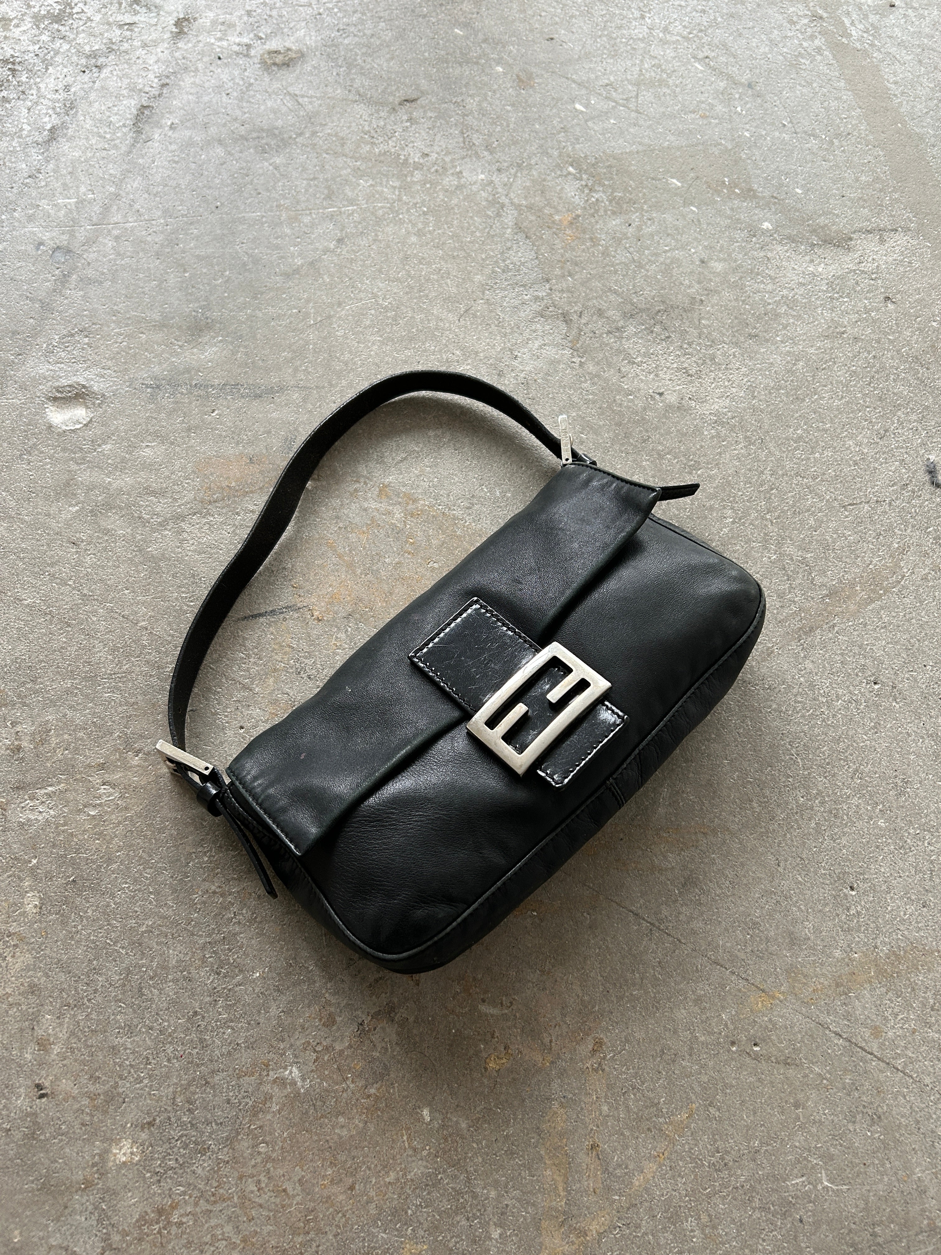 Vintage Fendi Black Leather Baguette Shoulder Bag