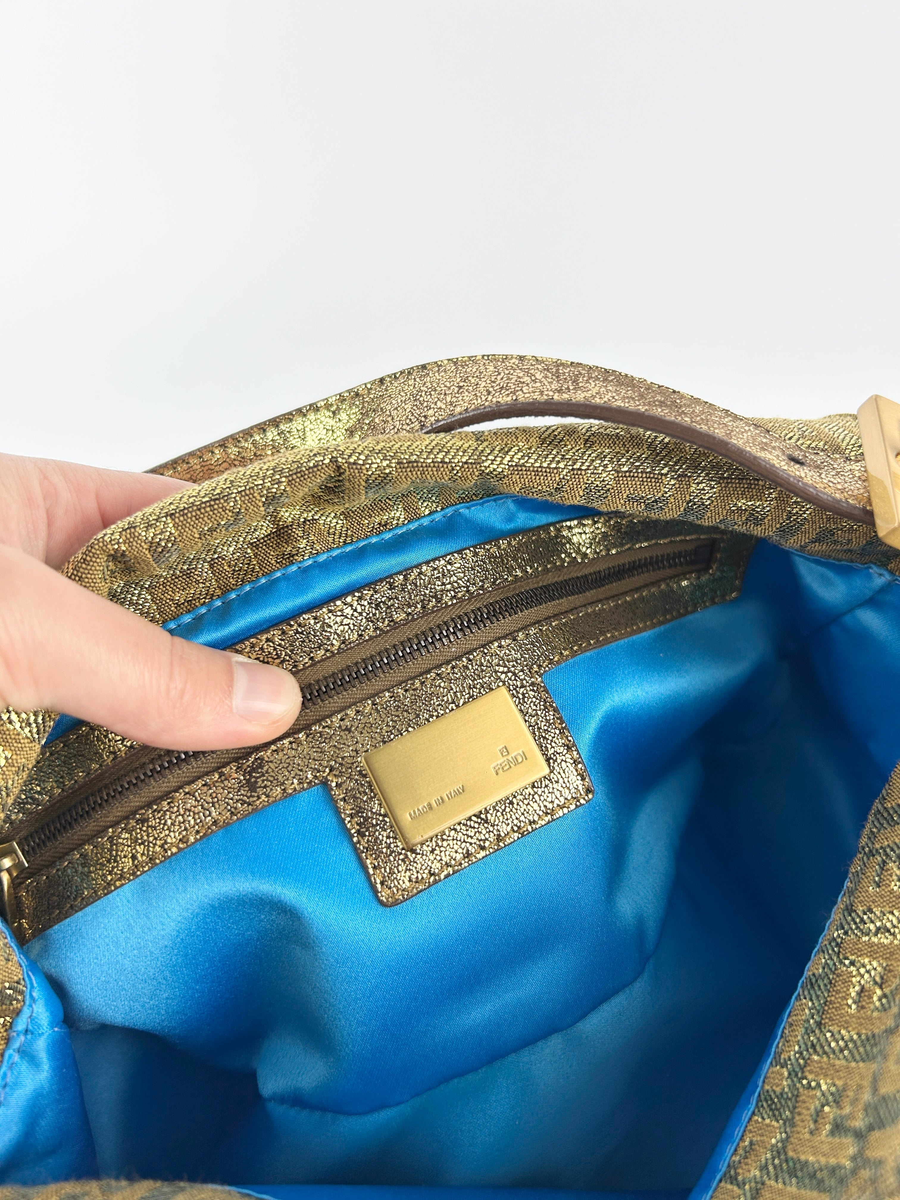 Vintage Fendi Zucca Lurex Gold Baguette Shoulder Bag